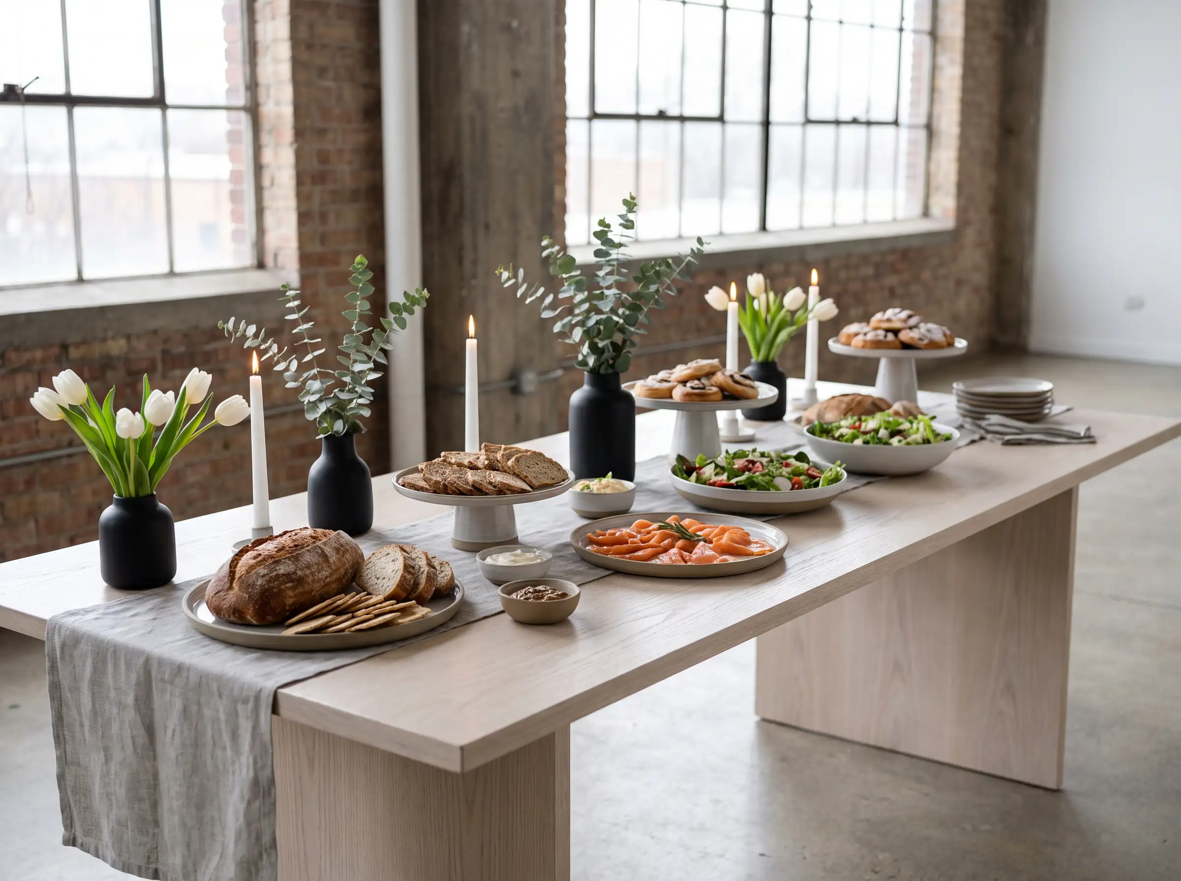 Scandinavian minimal wedding buffet with ash wood table smoked salmon and white tulip accents