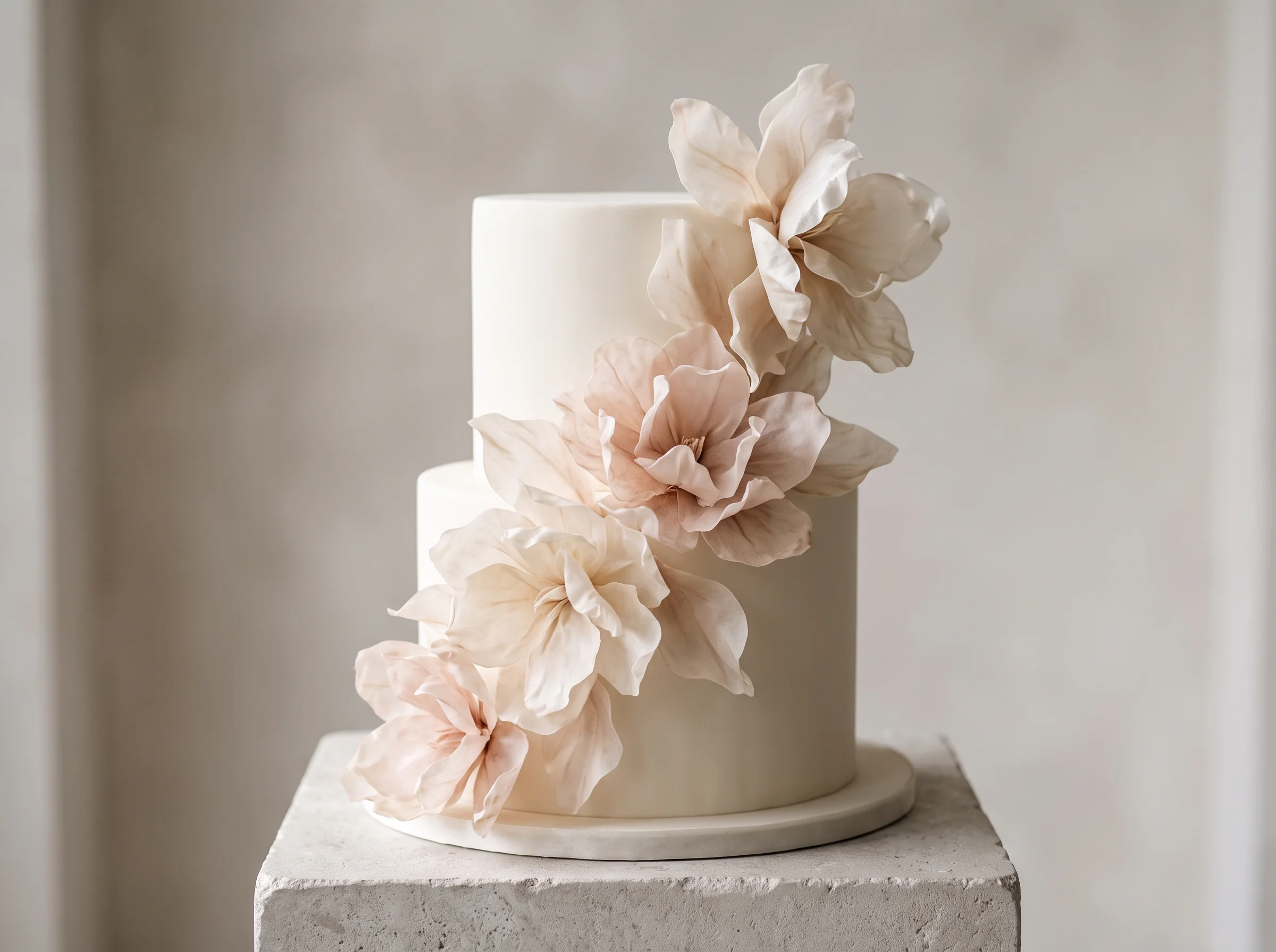 Artistic two-tier wedding cake featuring dramatic sculptural wafer paper flower blooms in white