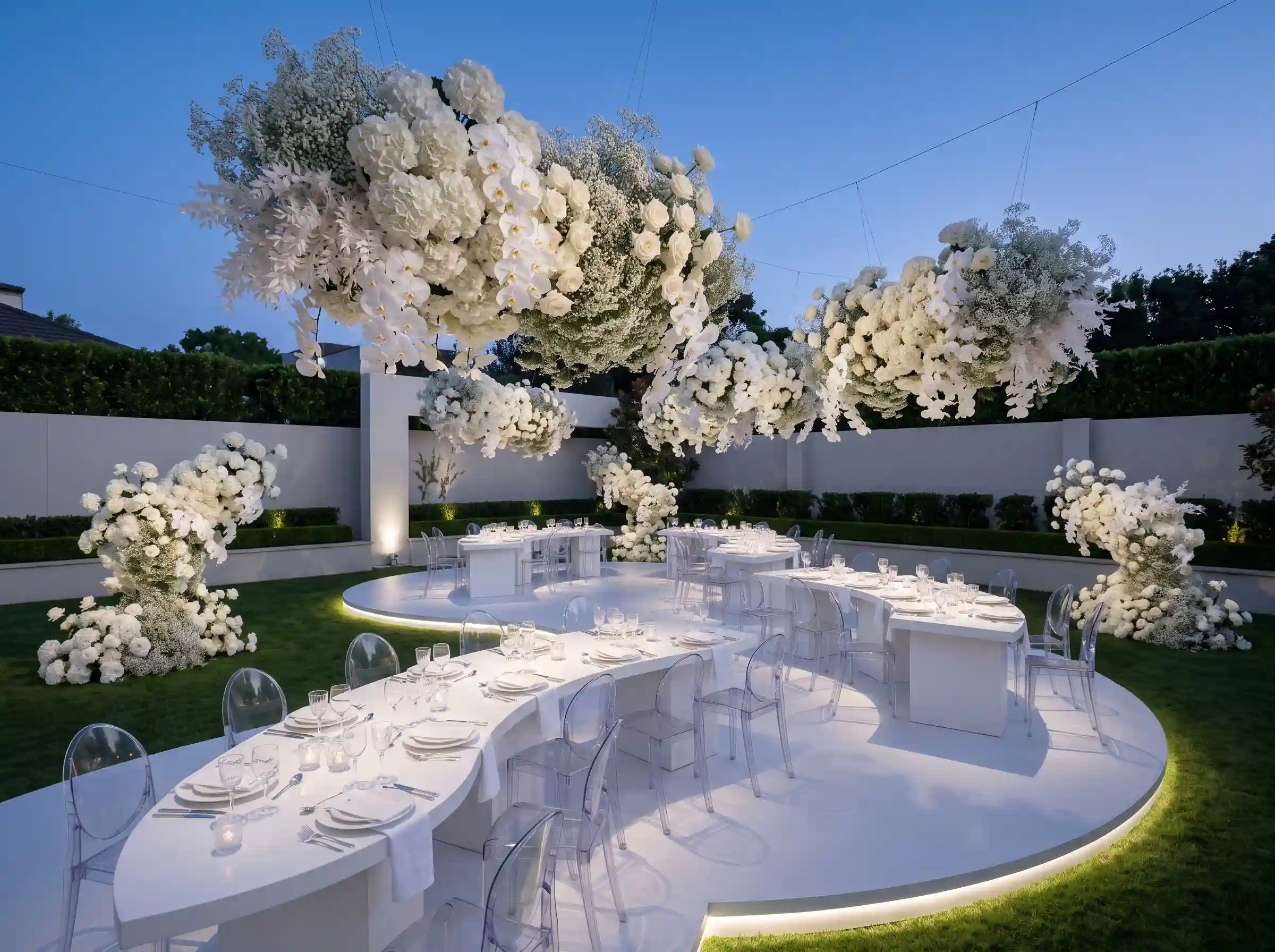 Modern sculptural white garden reception with cloud-like floral installations acrylic chairs and platform stage