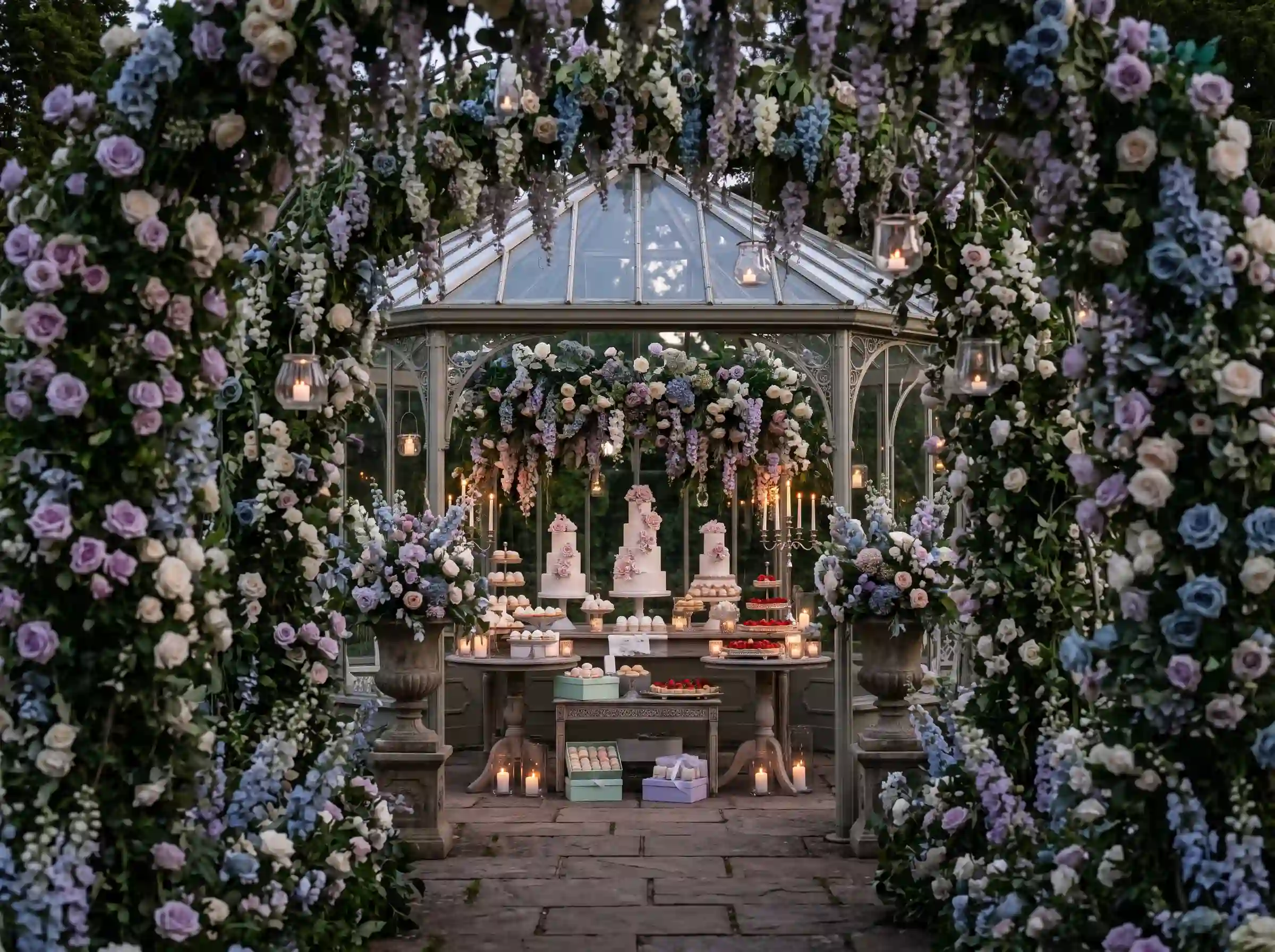 Secret garden wedding dessert display in a glass conservatory framed by pastel floral archway, tiered cakes, and glowing candles
