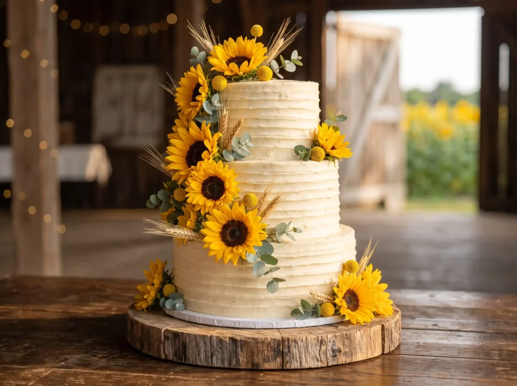Sunflower Barn Beauty Inspiration Golden fields Sunflower barn wedding cake K