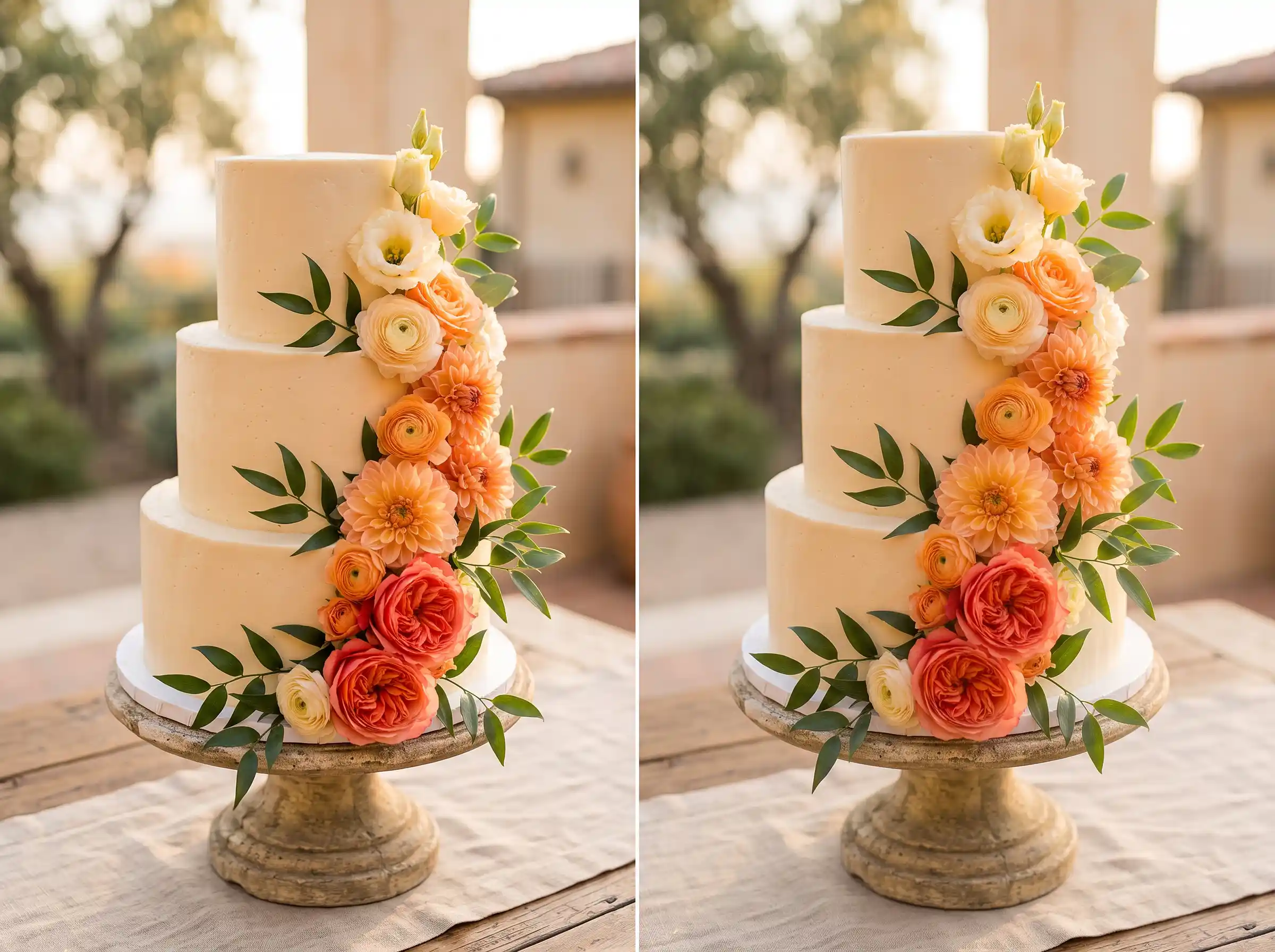 Vibrant sunset coral wedding cake with warm-toned fresh flowers and golden hour color palette