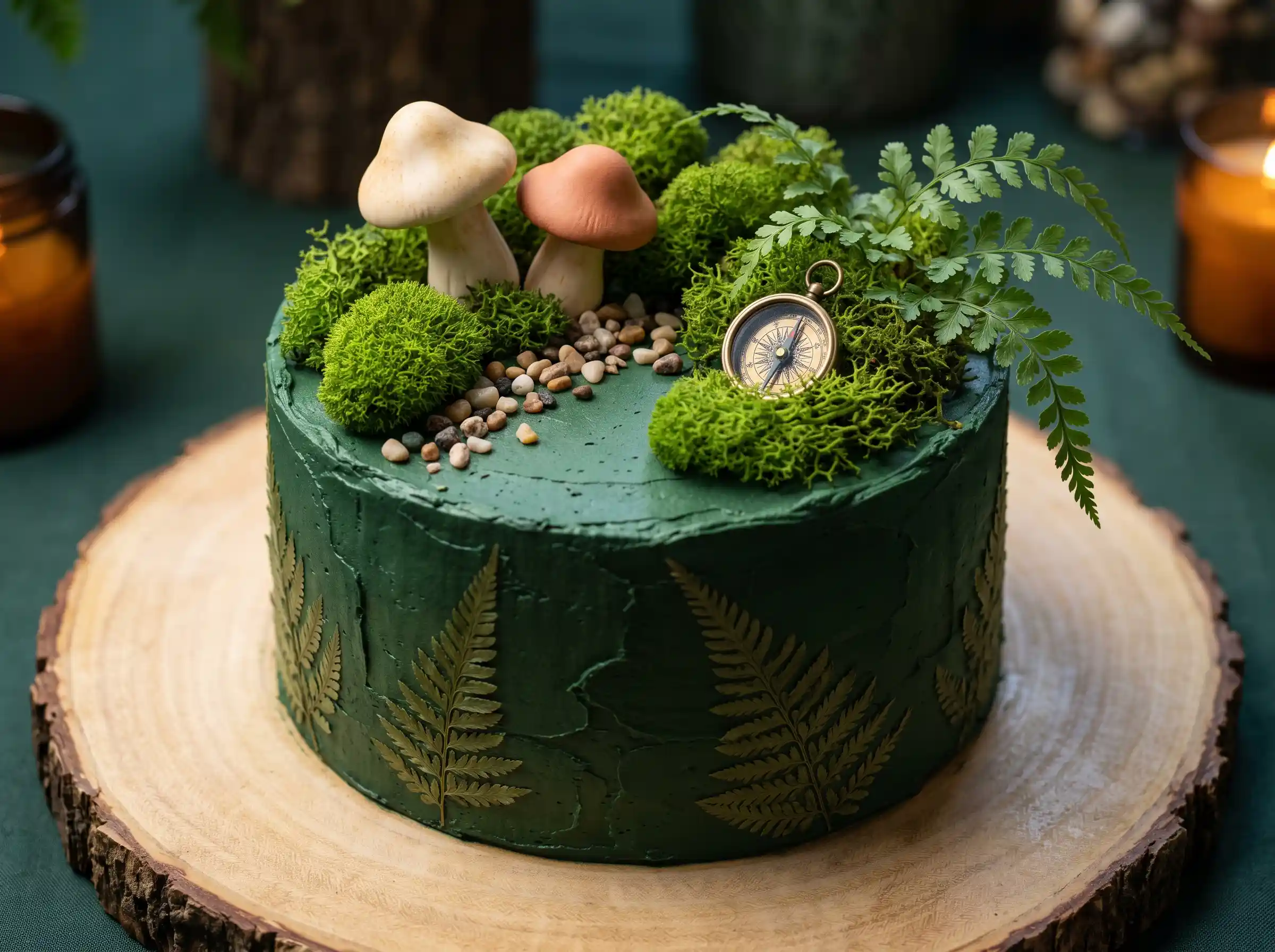 Woodland terrarium wedding cake with moss mushrooms fern fronds and tiny brass compass
