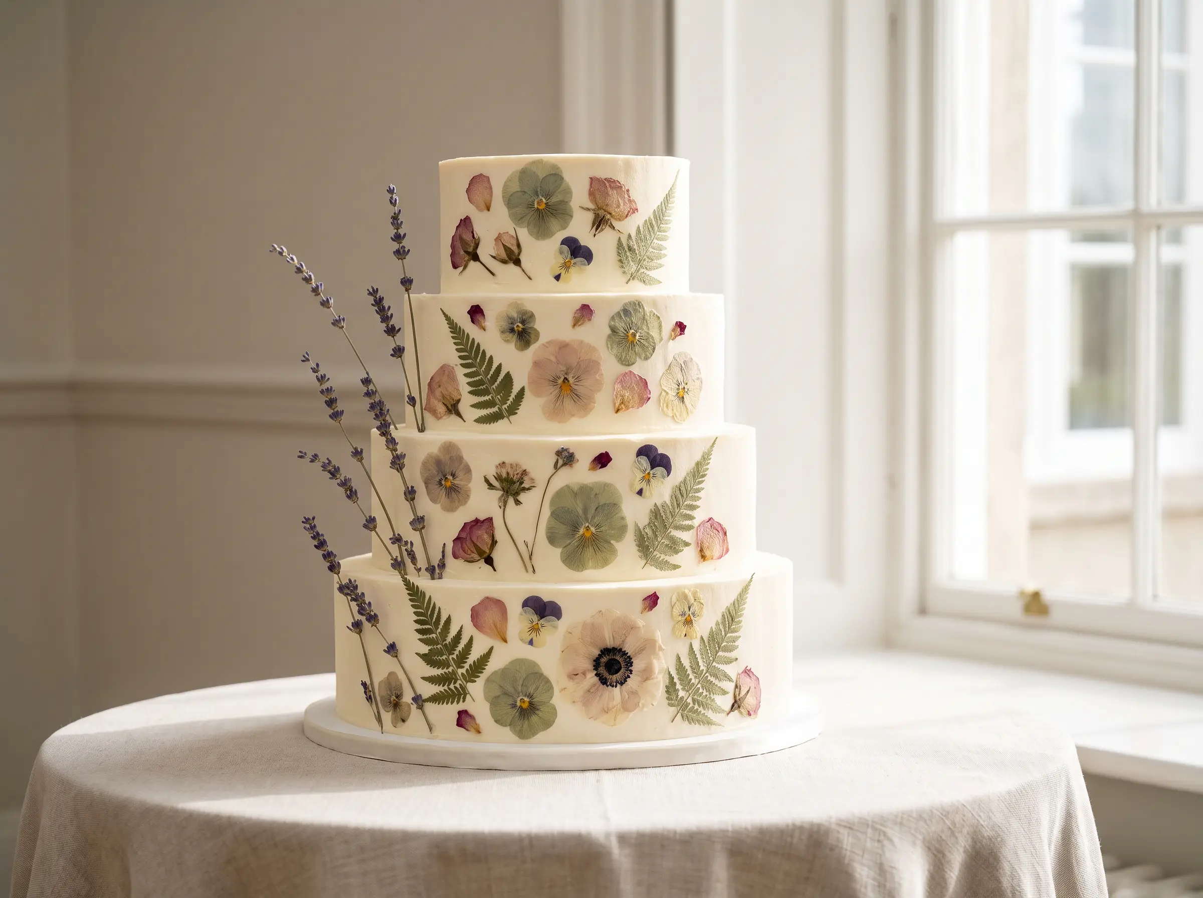 Four-tier ivory buttercream wedding cake with pressed edible pansies violas ferns and dried lavender stems