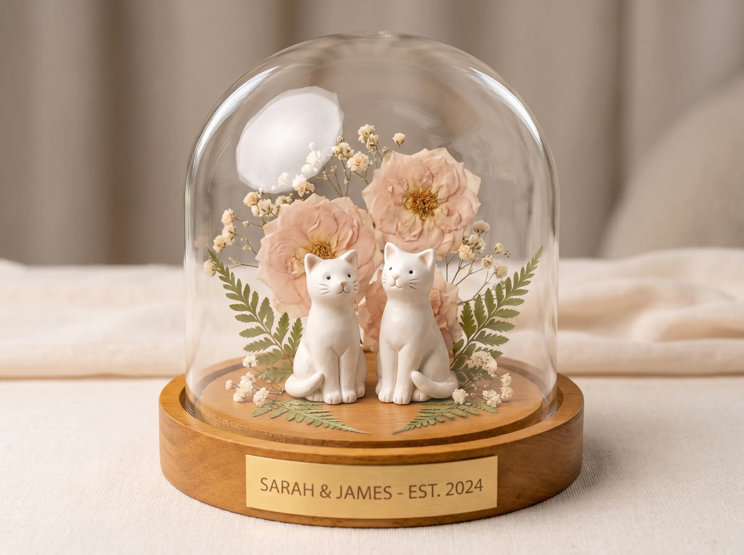 Glass dome cake topper with pressed flowers and two white ceramic cat figurines inside