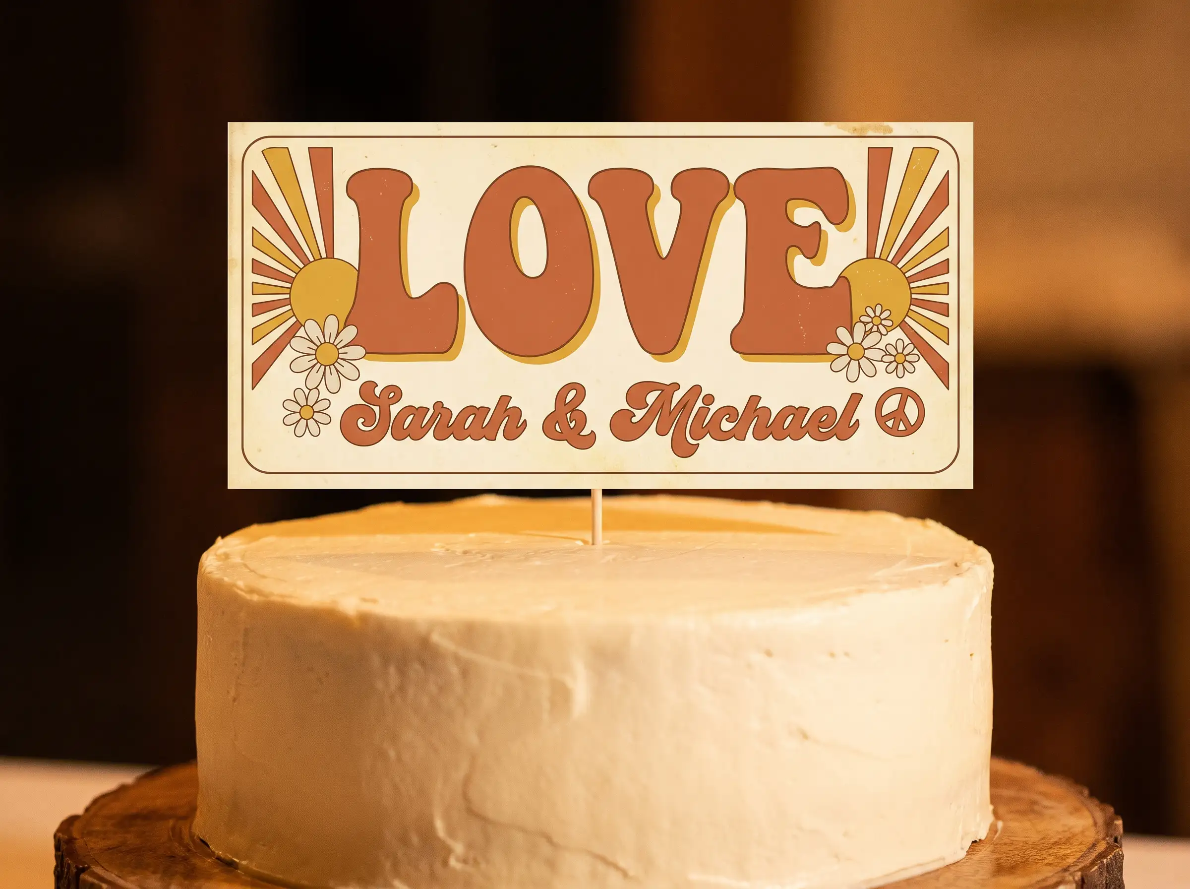 Retro seventies burnt orange and mustard groovy love wedding cake topper flag