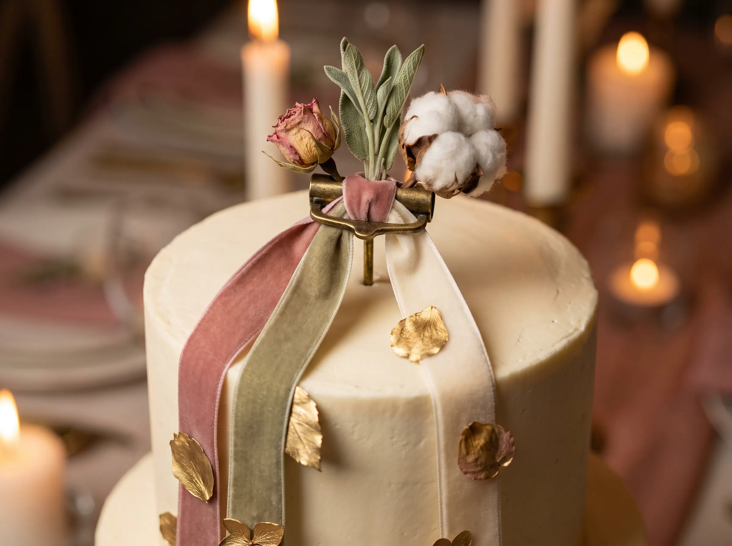 Velvet ribbon cascade cake topper with dried rose sage and cotton on cake with gold leaf details