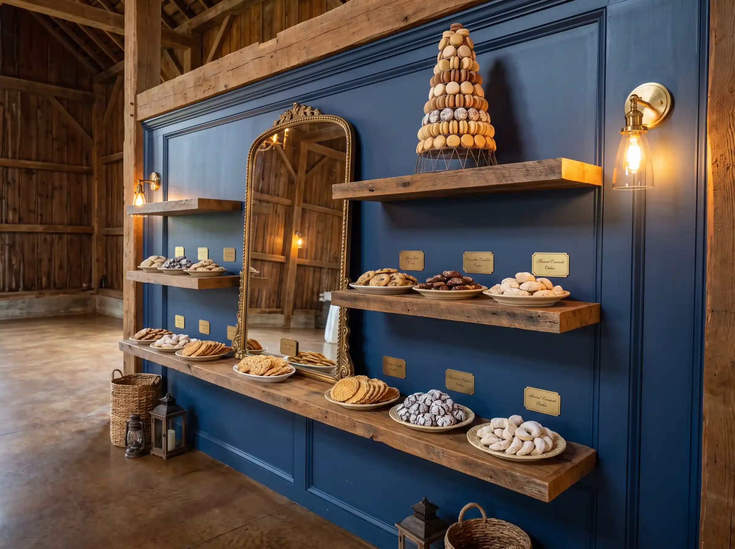 Navy wall mounted cookie display with floating wooden shelves brass tags mirror and cookie tower on wire cone
