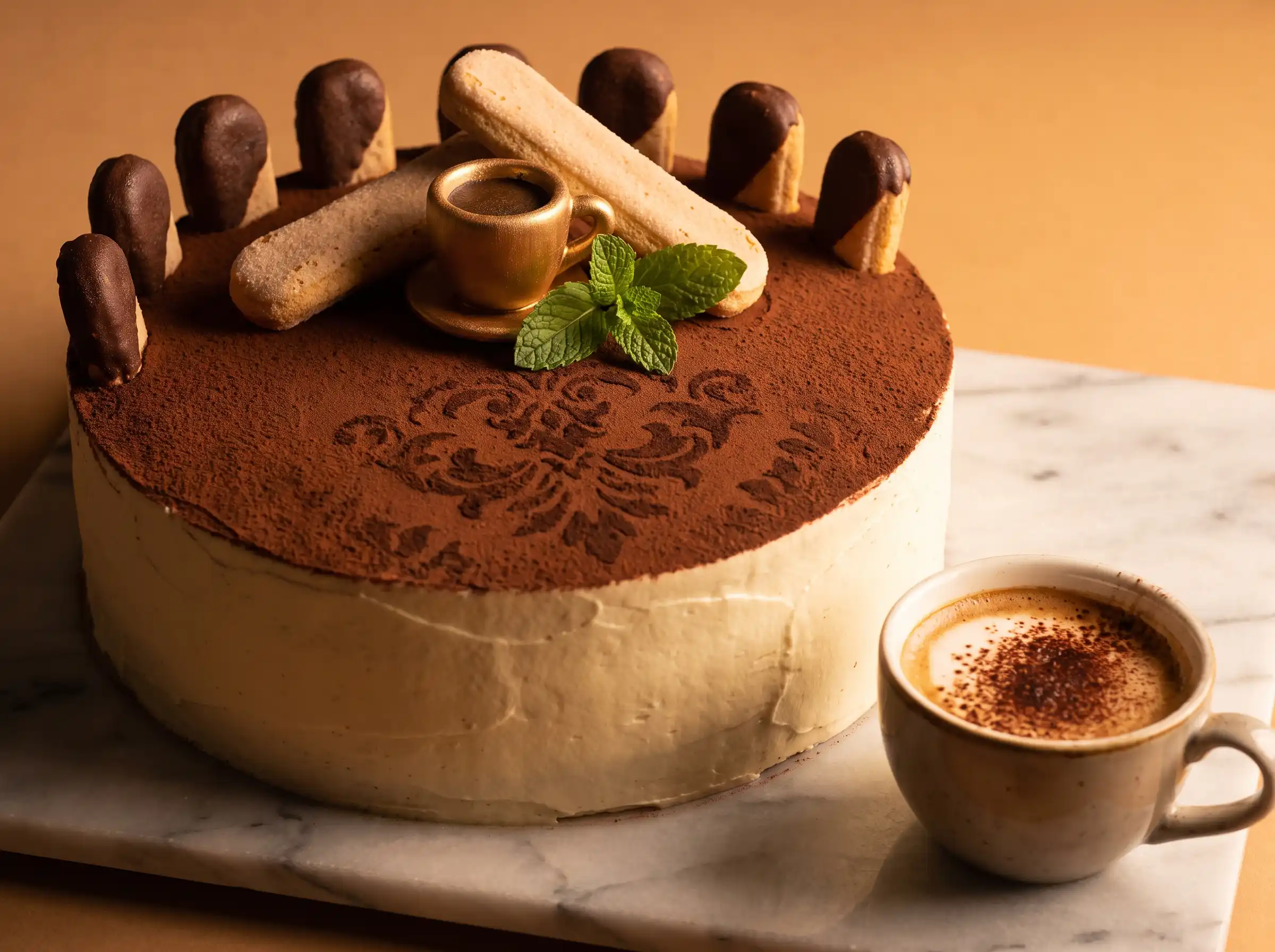 Single-tier tiramisu cake dusted with cocoa, ringed with ladyfingers, and gold espresso cup topper