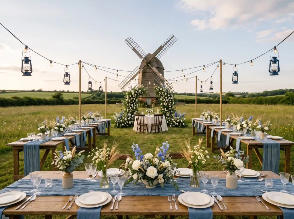 Windmill Meadow Reception Inspiration Rural lan Meadow reception with windmill b…