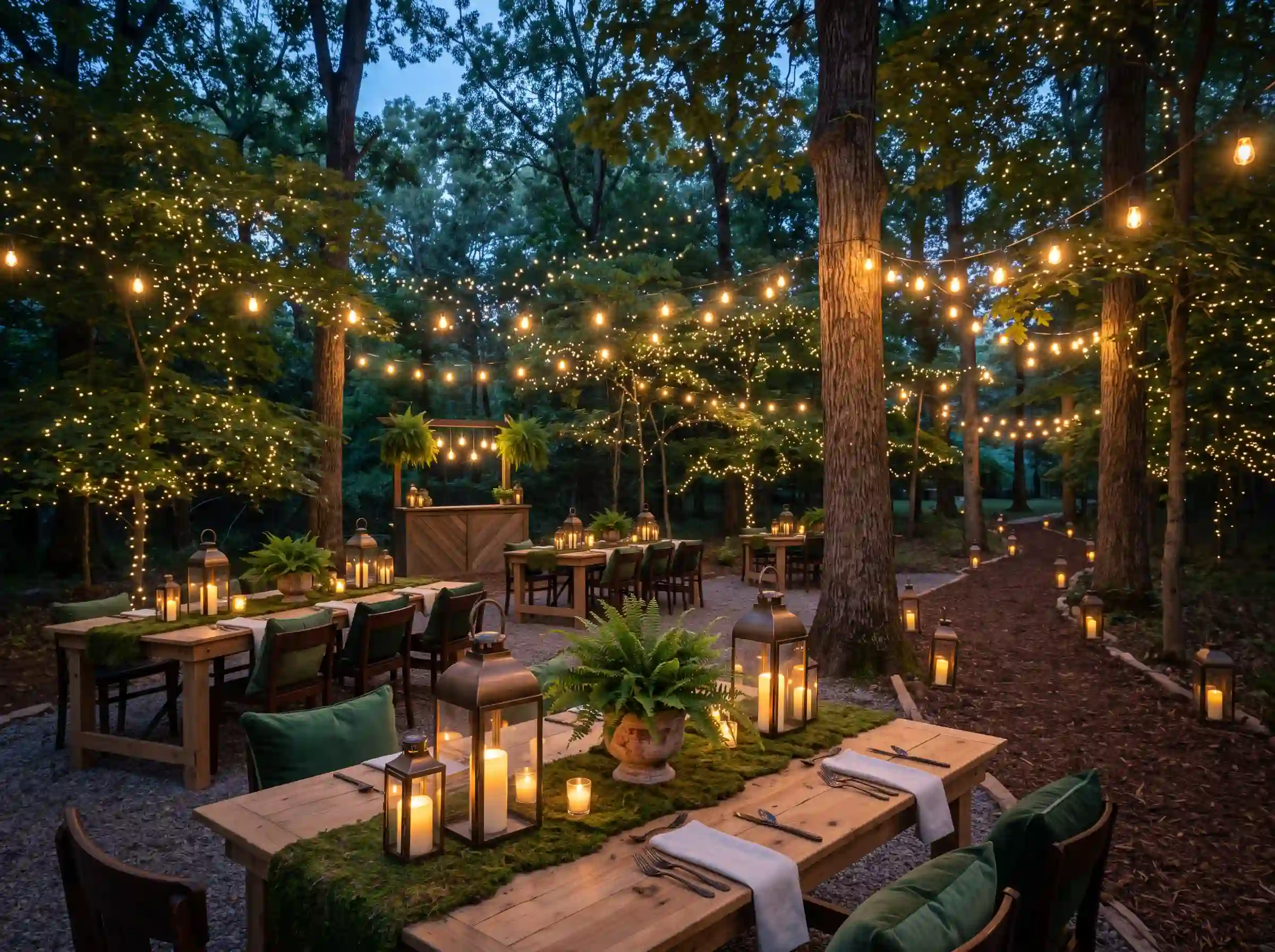 Woodland firefly celebration with tiny suspended micro lights and natural wood tables under towering trees
