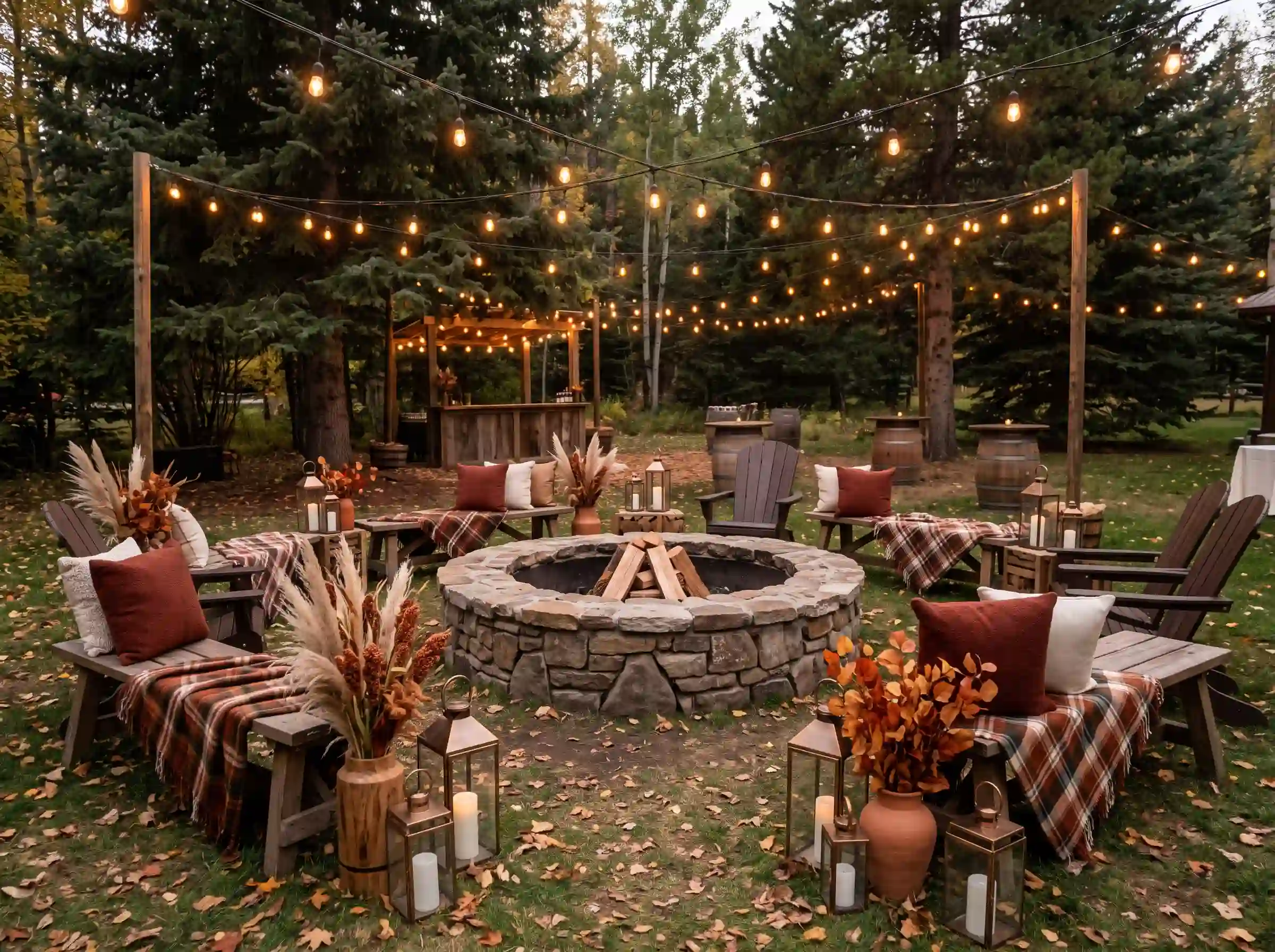 Outdoor fall wedding bonfire lounge with Adirondack chairs plaid blankets and string lights