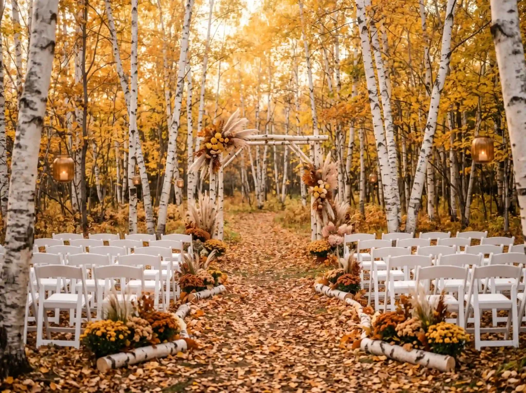Birch Grove Ceremony Inspiration Designed aroun Birch Grove Ceremony autumn wood…