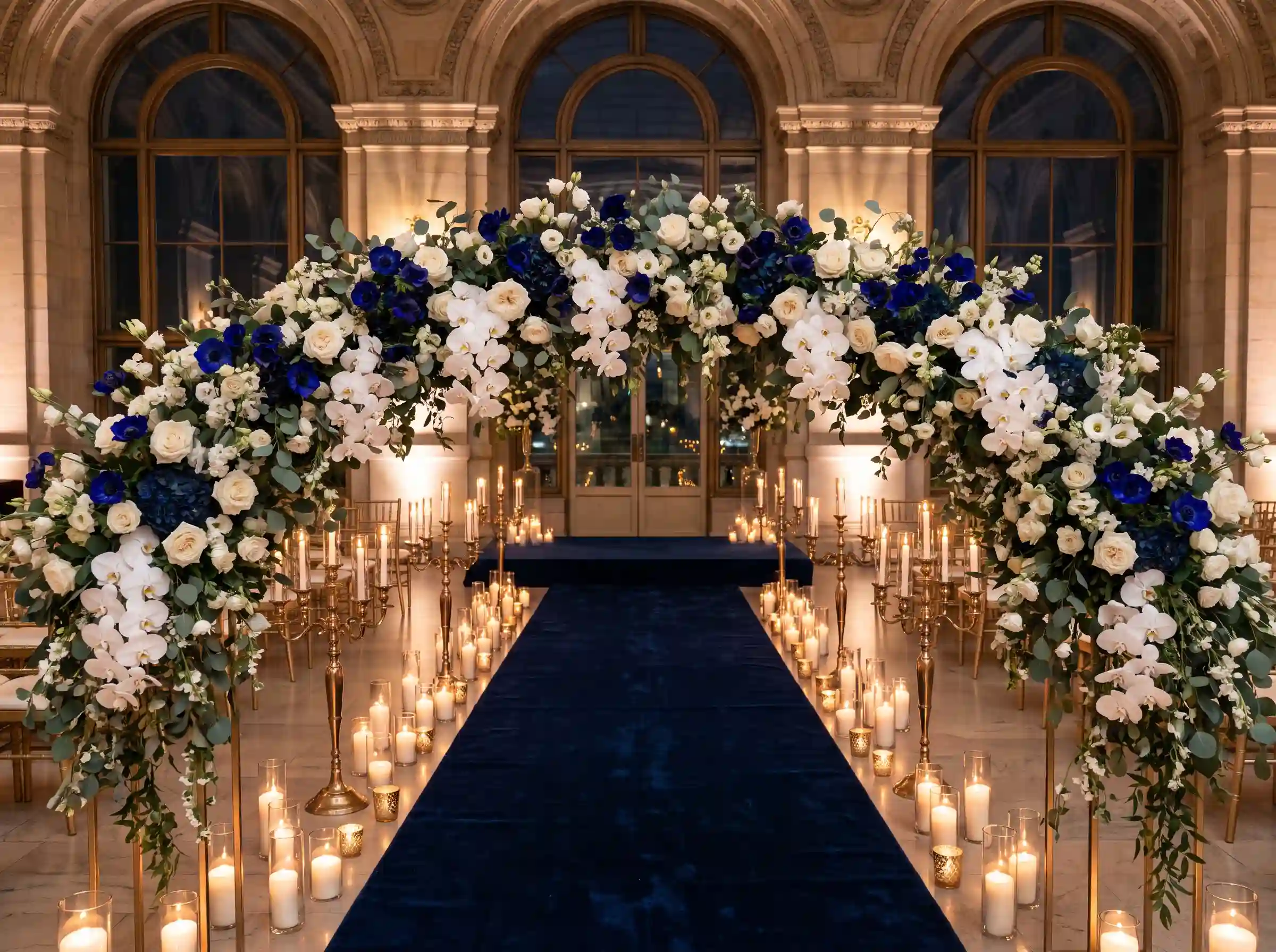 Rich blue anemones with dark centers alongside garden roses and hundreds of candles in a velvet romance wedding ceremony