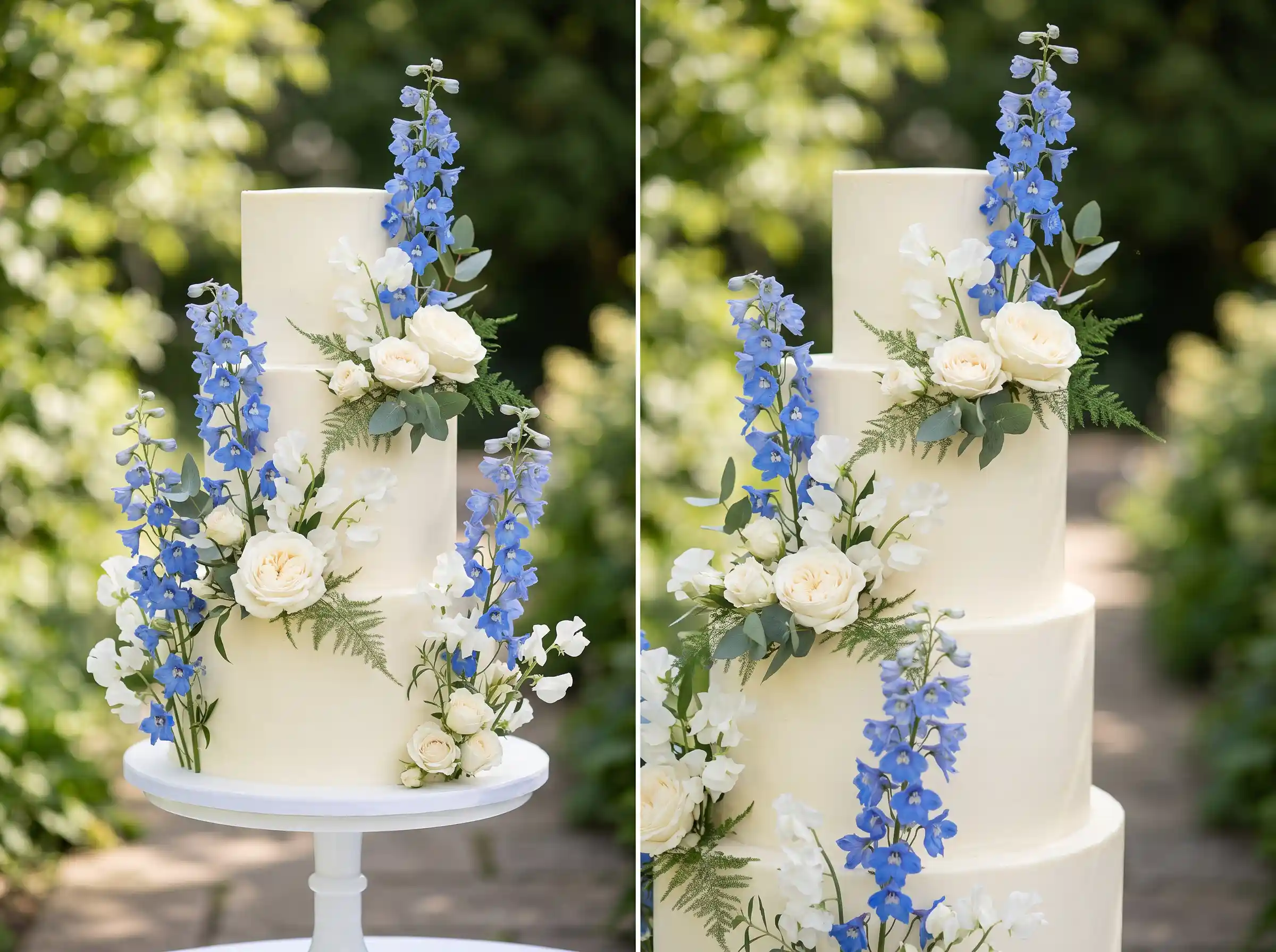 Stunning blue delphinium wedding cake with tall flower spikes and serene cool-toned floral design