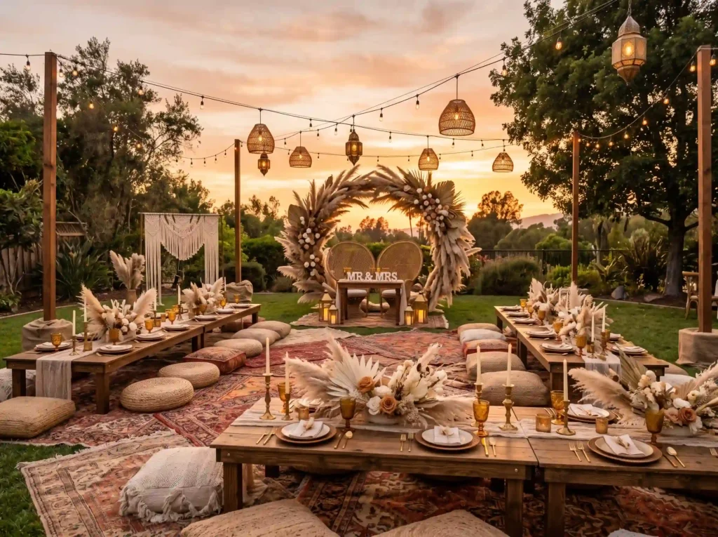 Boho Sunset Gathering Inspiration A relaxed lux Boho sunset reception styled K