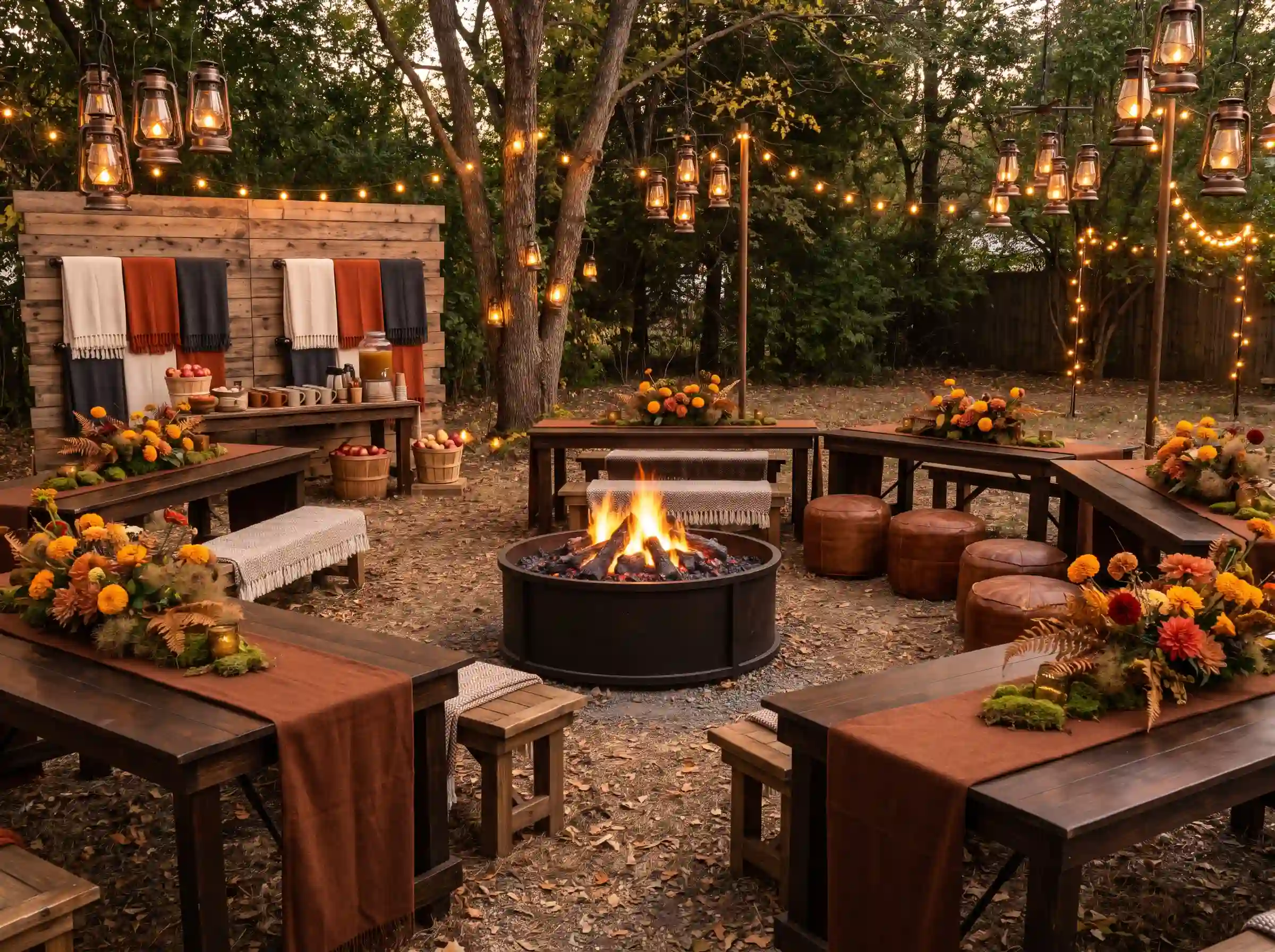 Cozy bonfire lounge supper wedding reception with ember glow and leather poufs