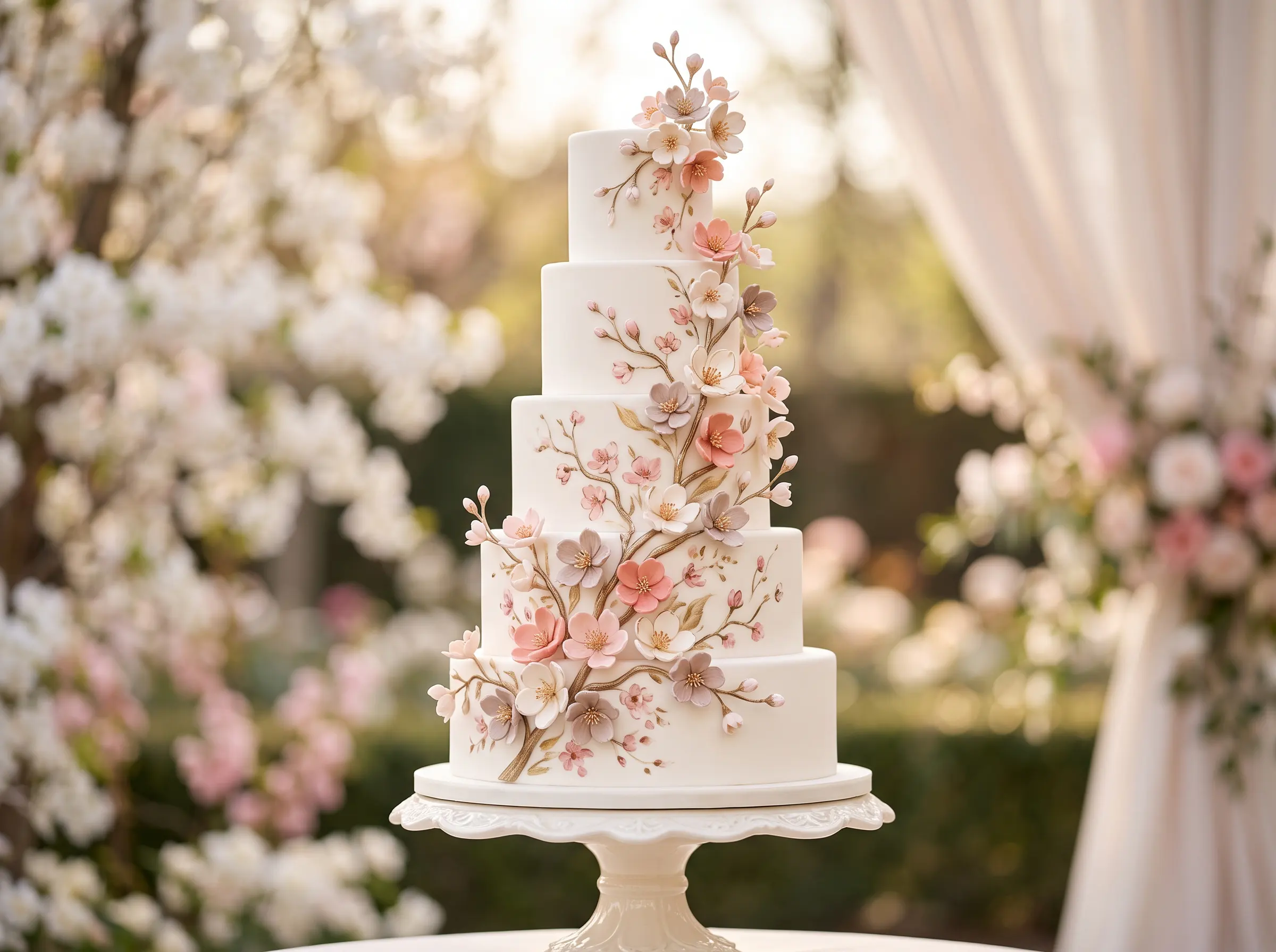 Delicate cherry blossom wedding cake with pink branches and Japanese spring inspiration