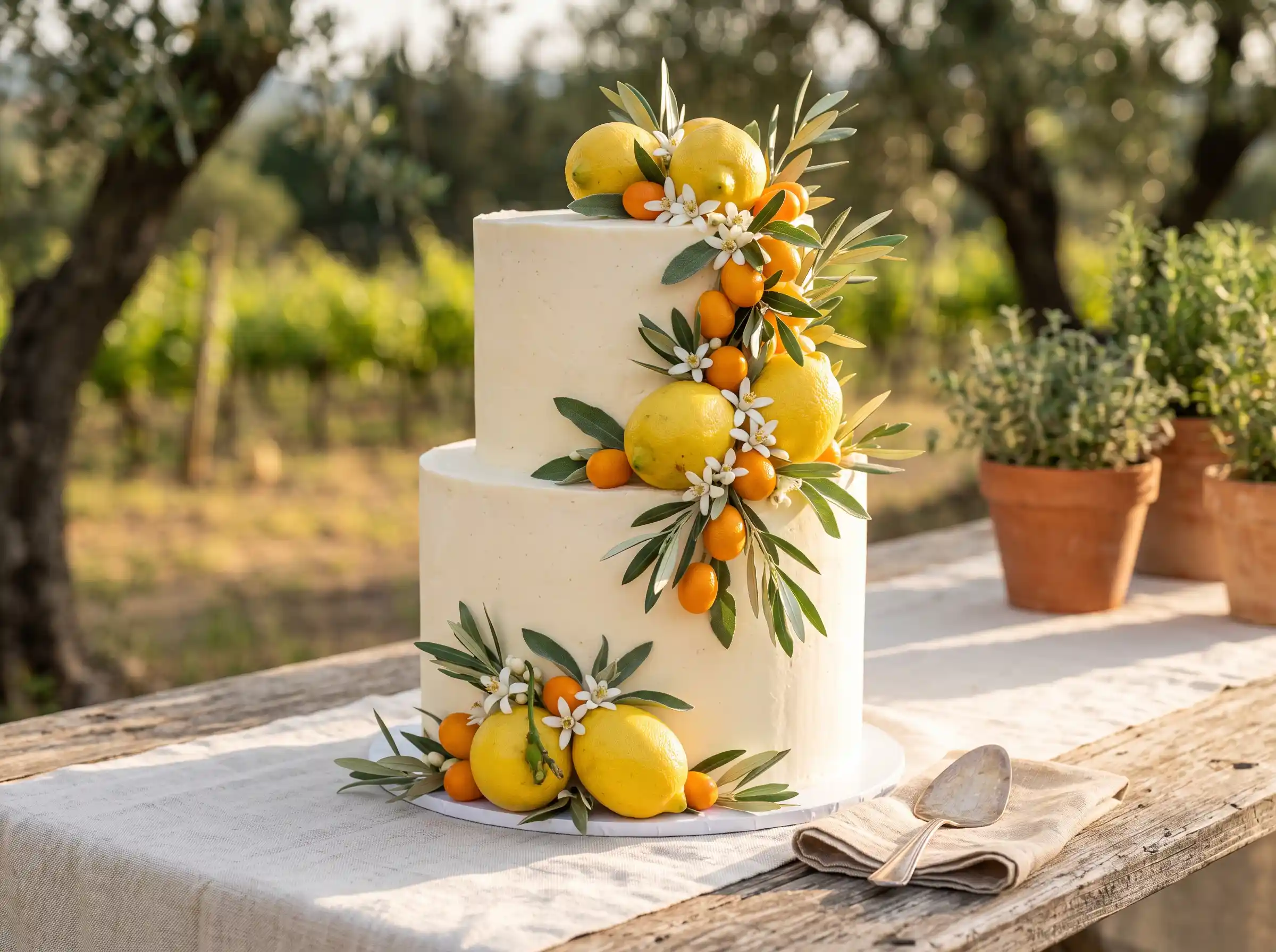 Ivory buttercream wedding cake with citrus accents inspired by Mediterranean grove elegance