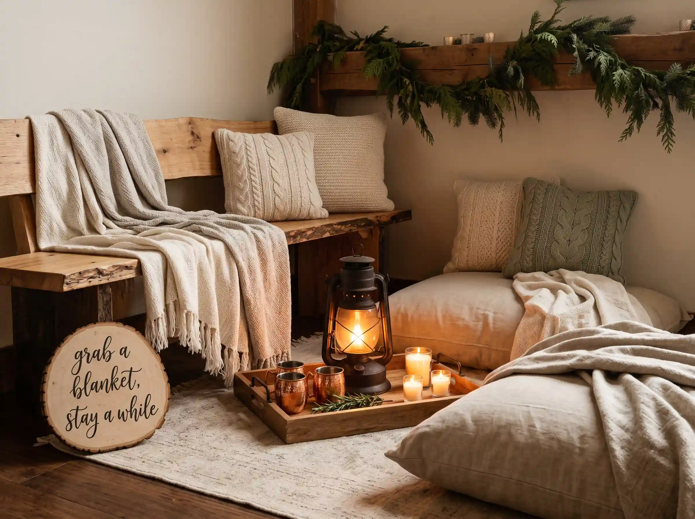 Cozy winter barn wedding lounge with cream woven blankets draped over a raw wood bench and linen floor cushions
