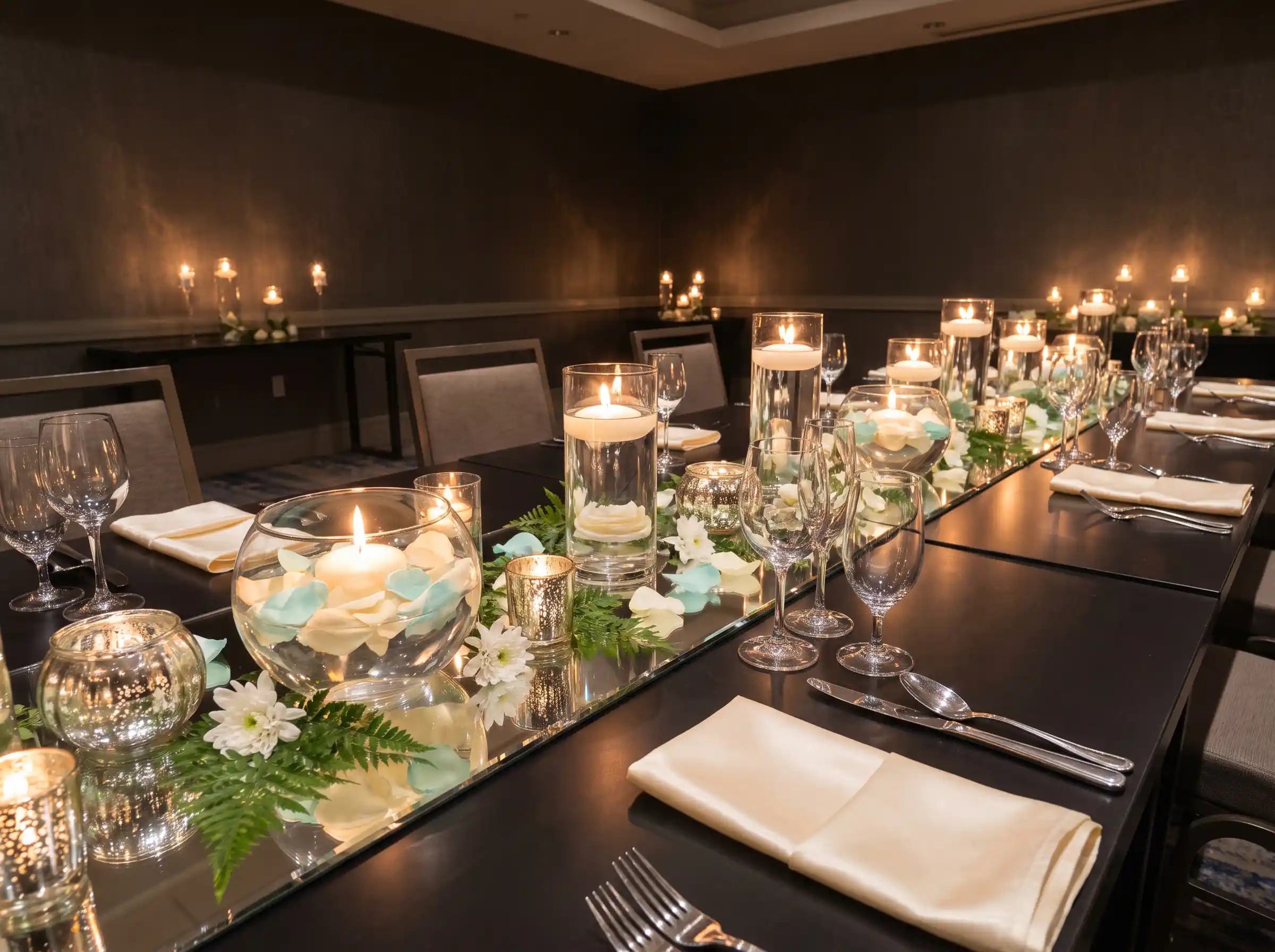 Ethereal floating candle wedding centrepiece with mirrored runner and shimmering water reflections