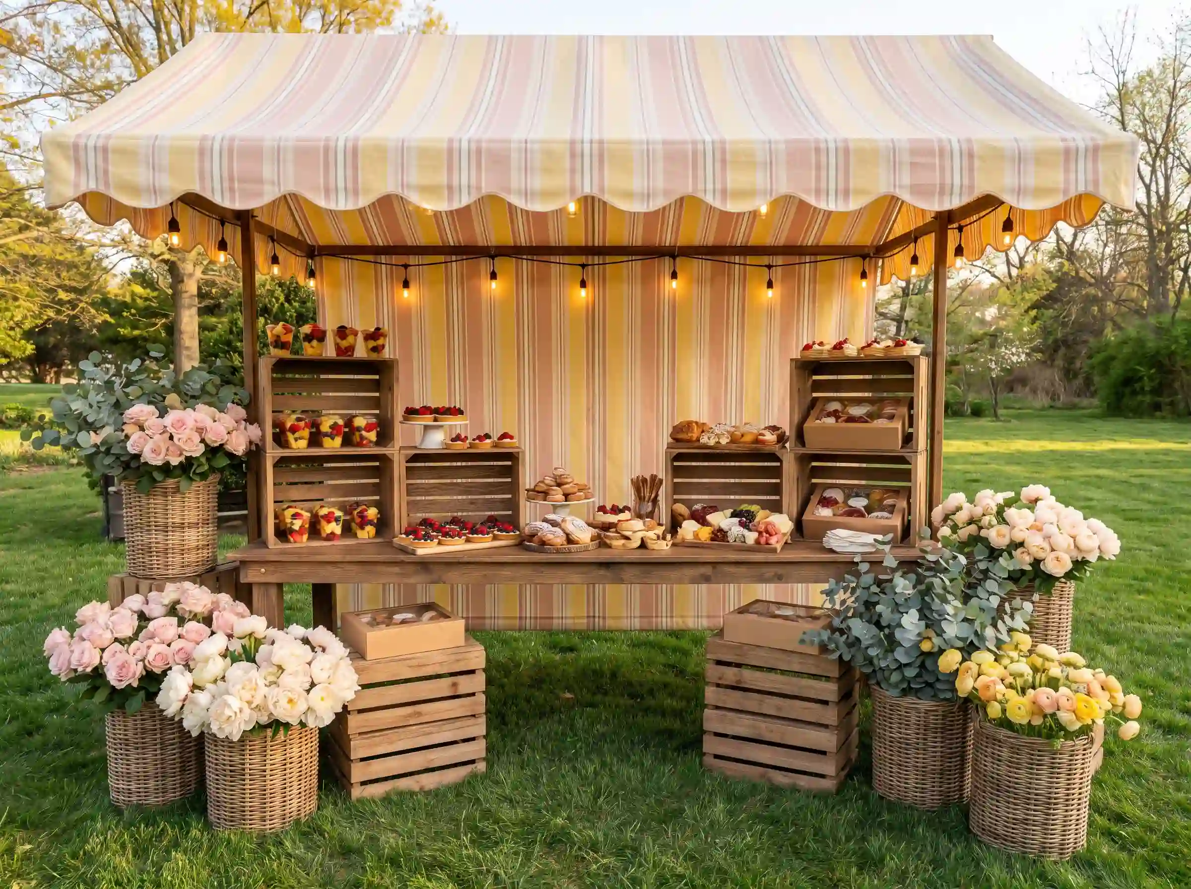 Floral market inspired wedding food stand with wooden crates fresh fruit and striped linen awning