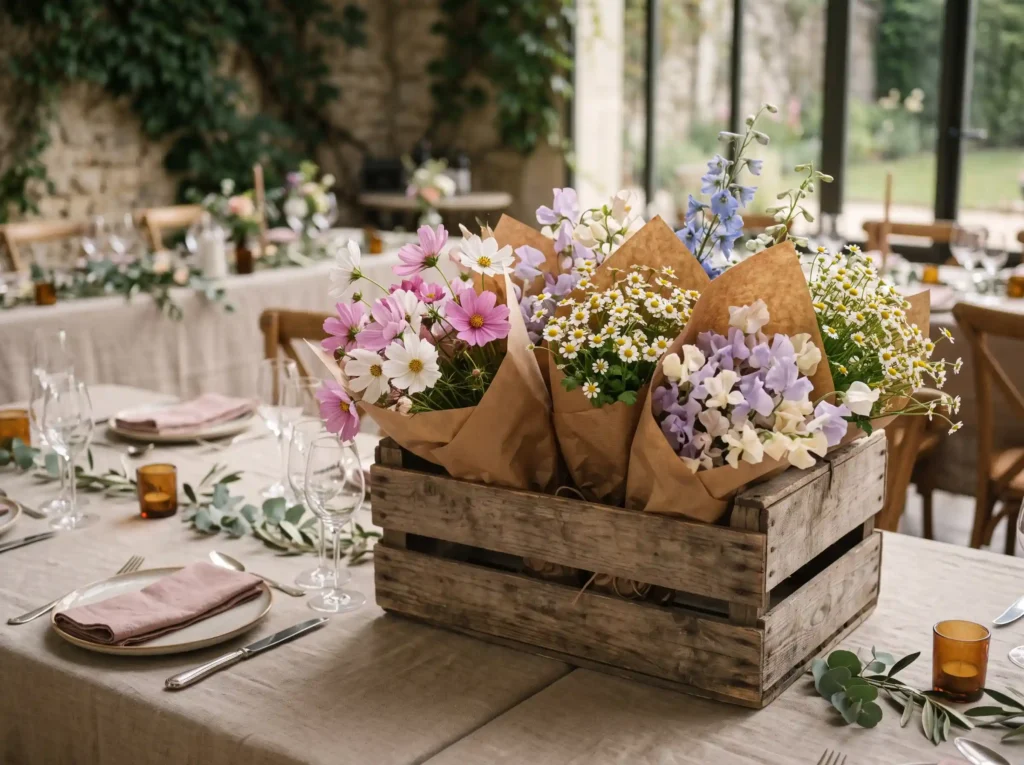 French Market Floral Crate Inspiration Parisian Floral crate with wrapped bundles