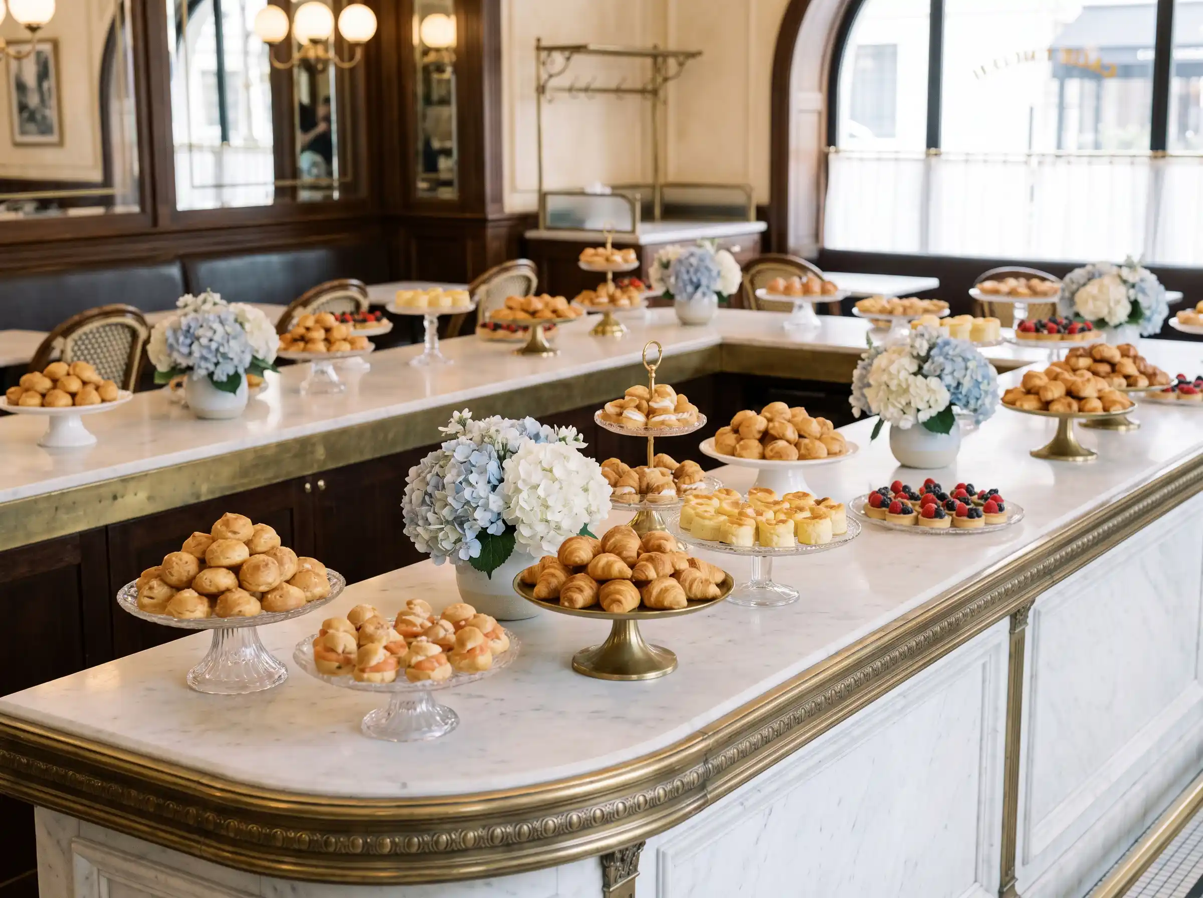 French pâtisserie cocktail table with marble counters brass trim miniature pastries and hydrangeas