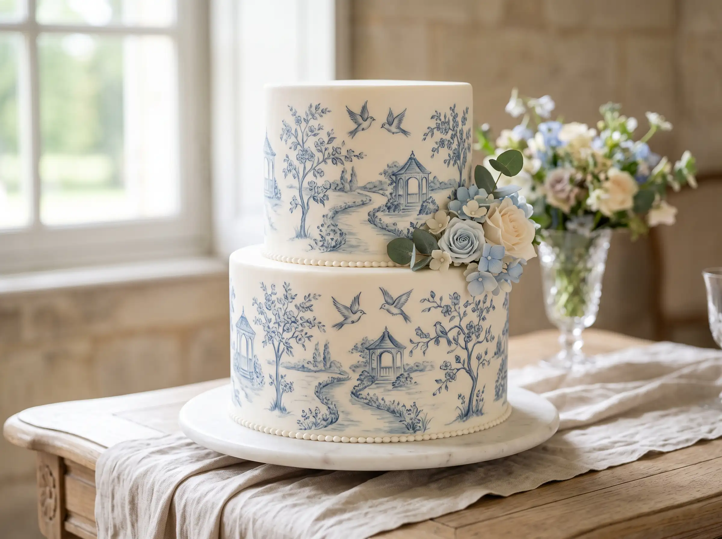 Romantic two-tier wedding cake with classic French toile pattern hand-painted in blue and white