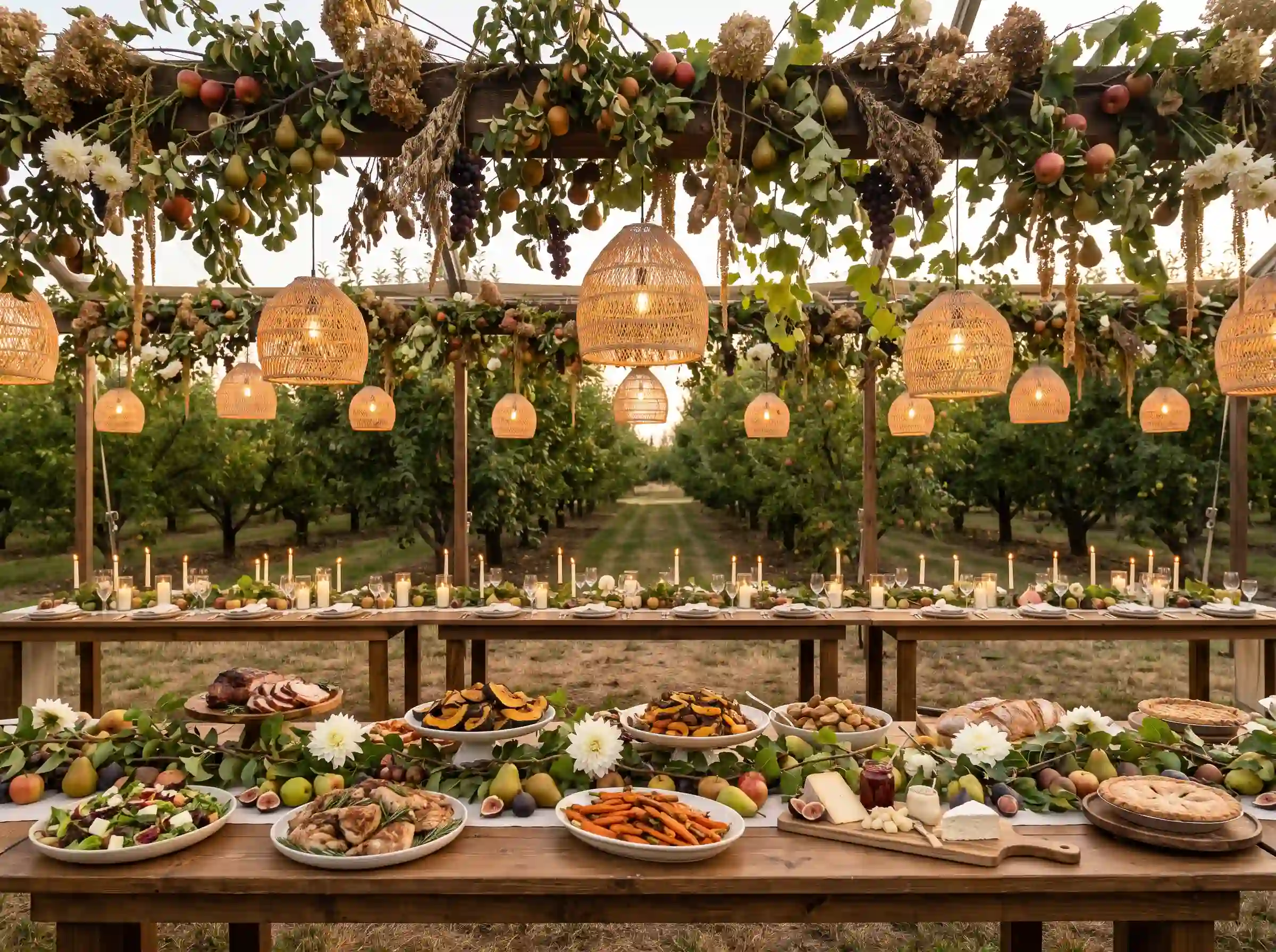 Heirloom orchard harvest wedding table with fresh fruit branches and wicker pendant lighting