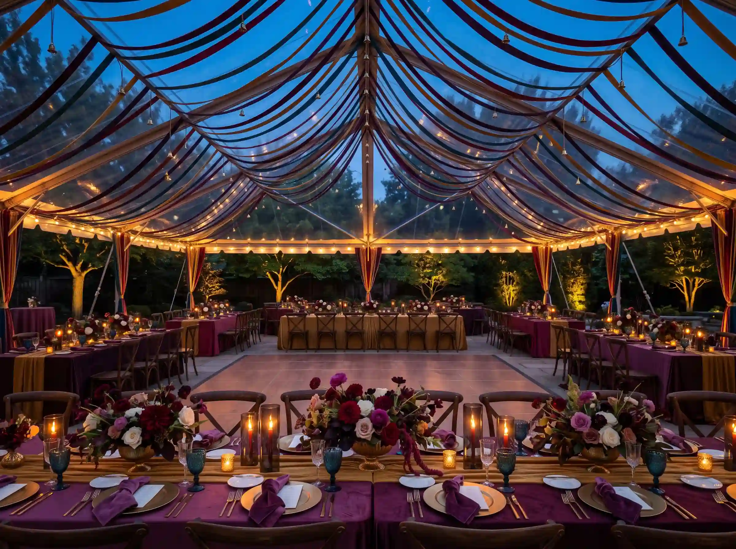 Jewel-toned garden tent gala with plum and garnet flowers in antique gold compotes under a clear roof tent