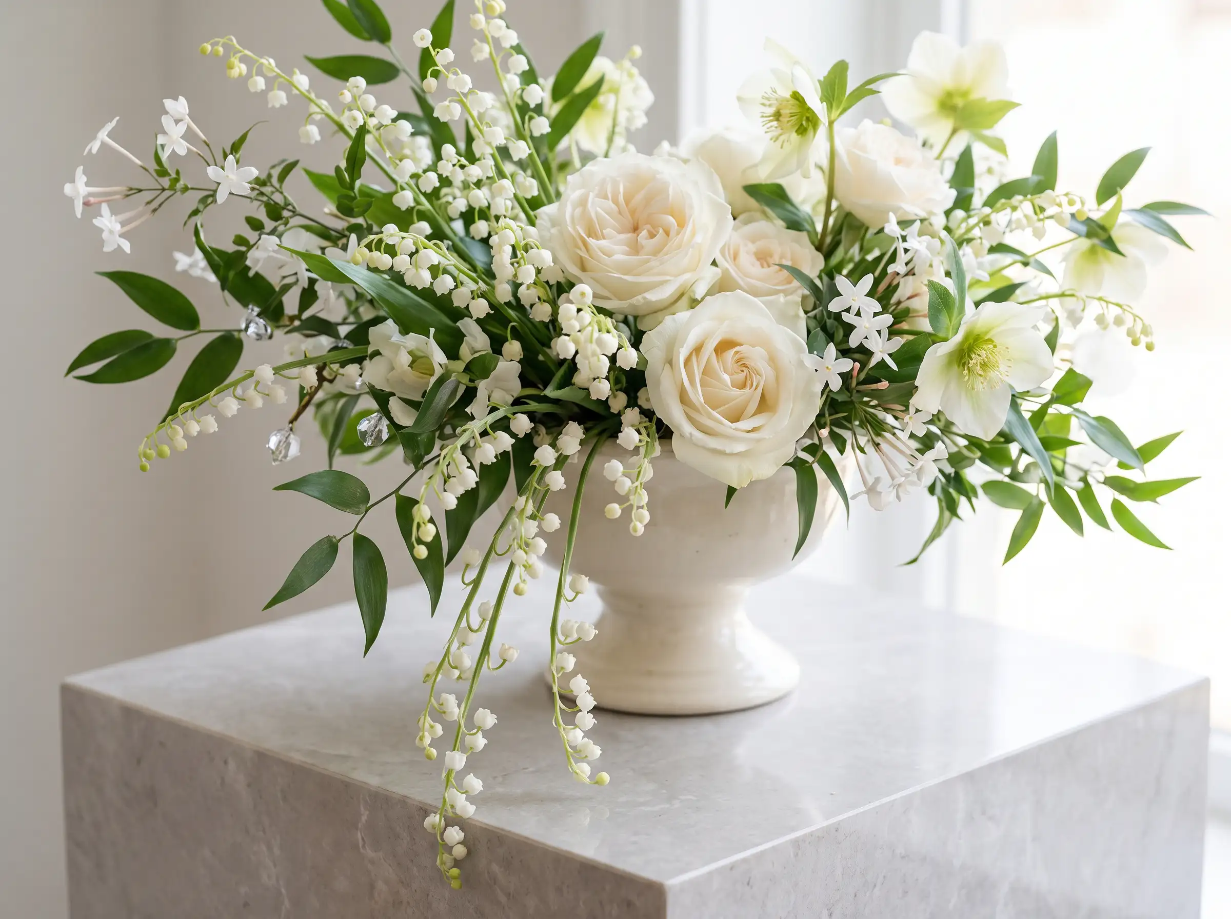 Lily of the valley heirloom wedding arrangement with cascading white blooms ivory roses and crystal accents