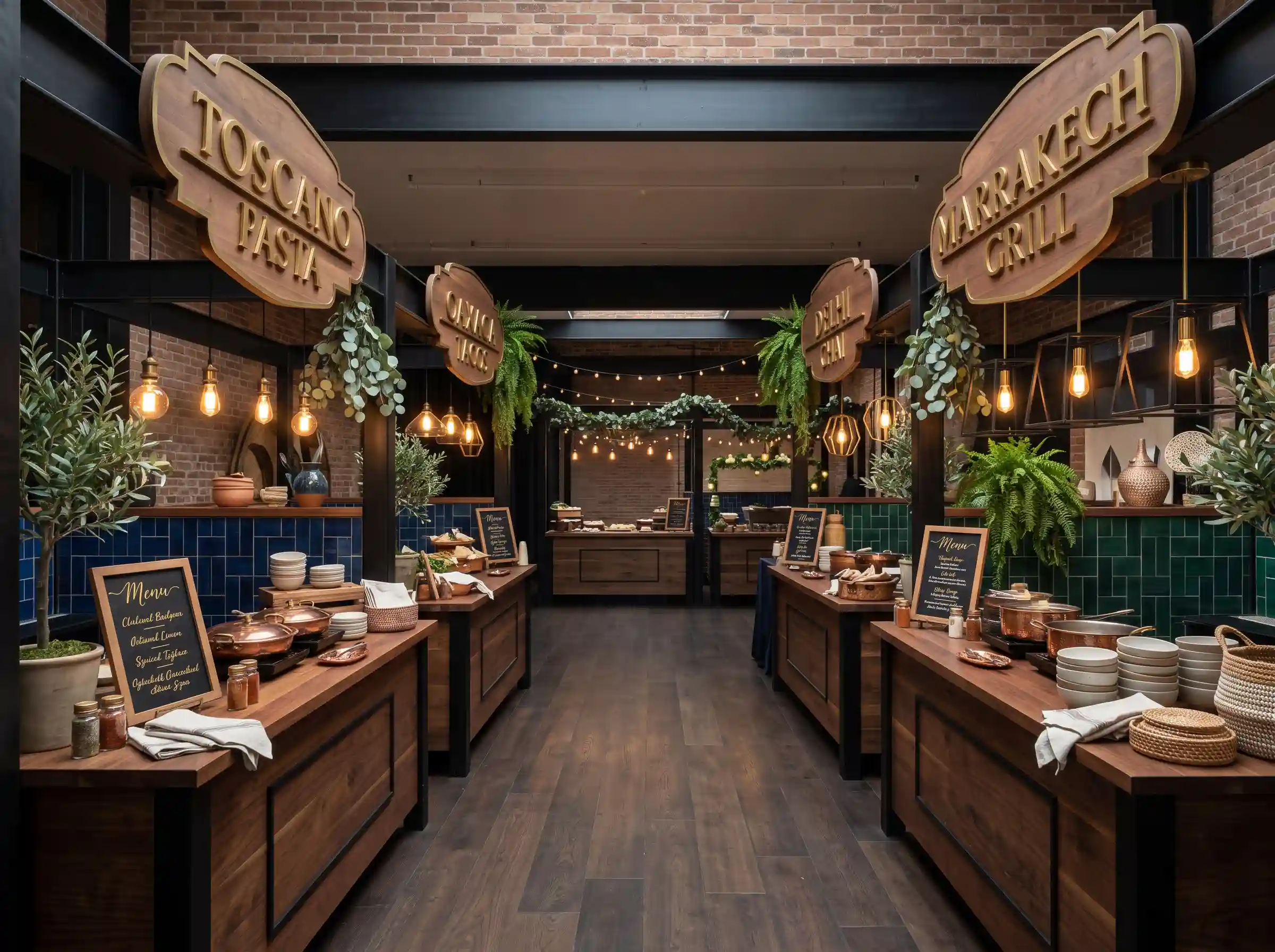 Luxury global street market wedding food display with international station signs, copper pots, brick walls, and warm Edison bulb lighting