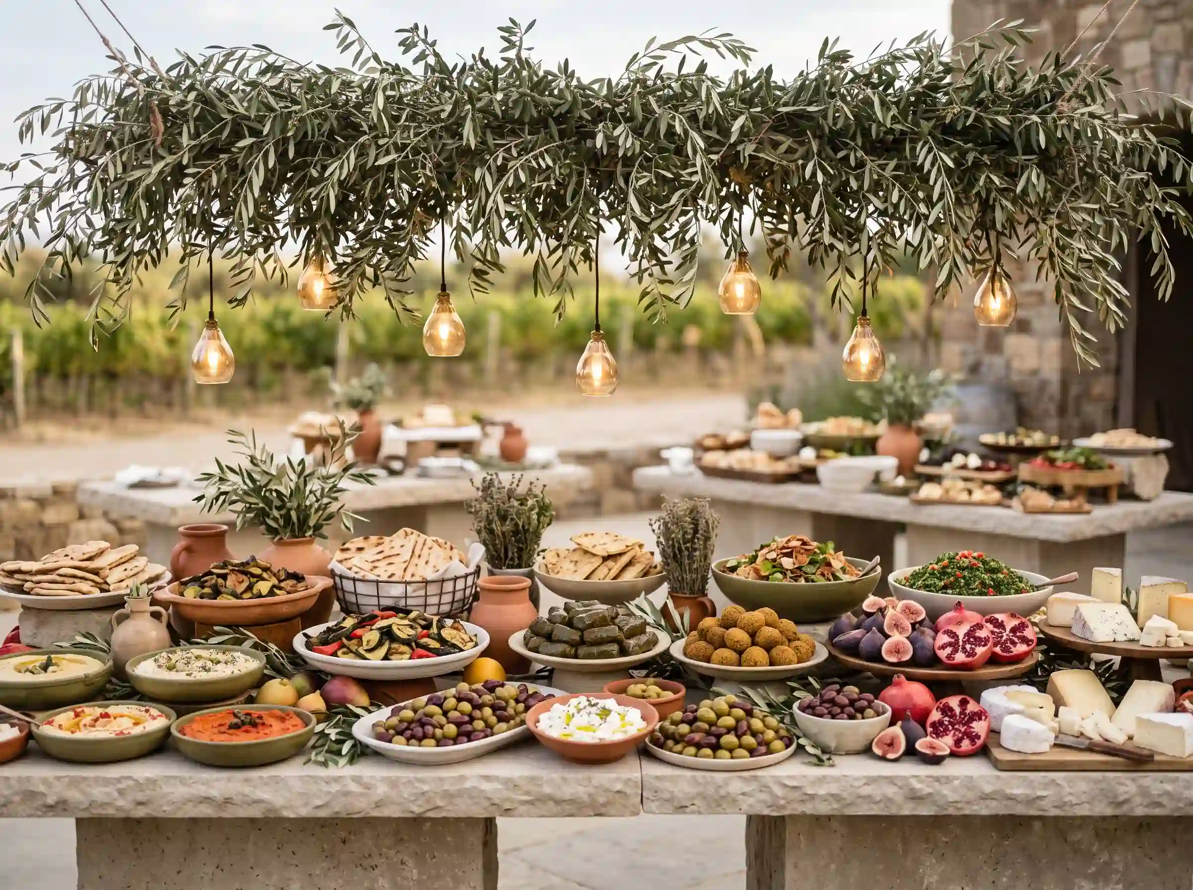 Mediterranean mezze table with hummus olives falafel and suspended olive branch installation at vineyard wedding