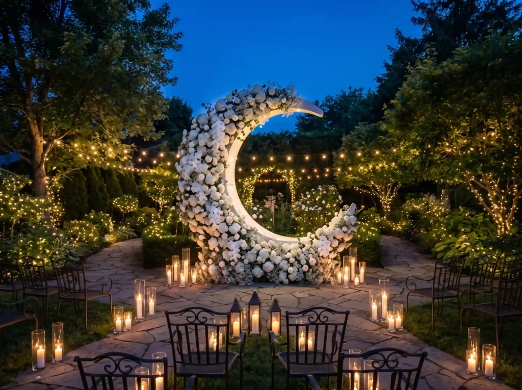 Moonlit White Garden Inspiration Designed to fe White garden ceremony installation K