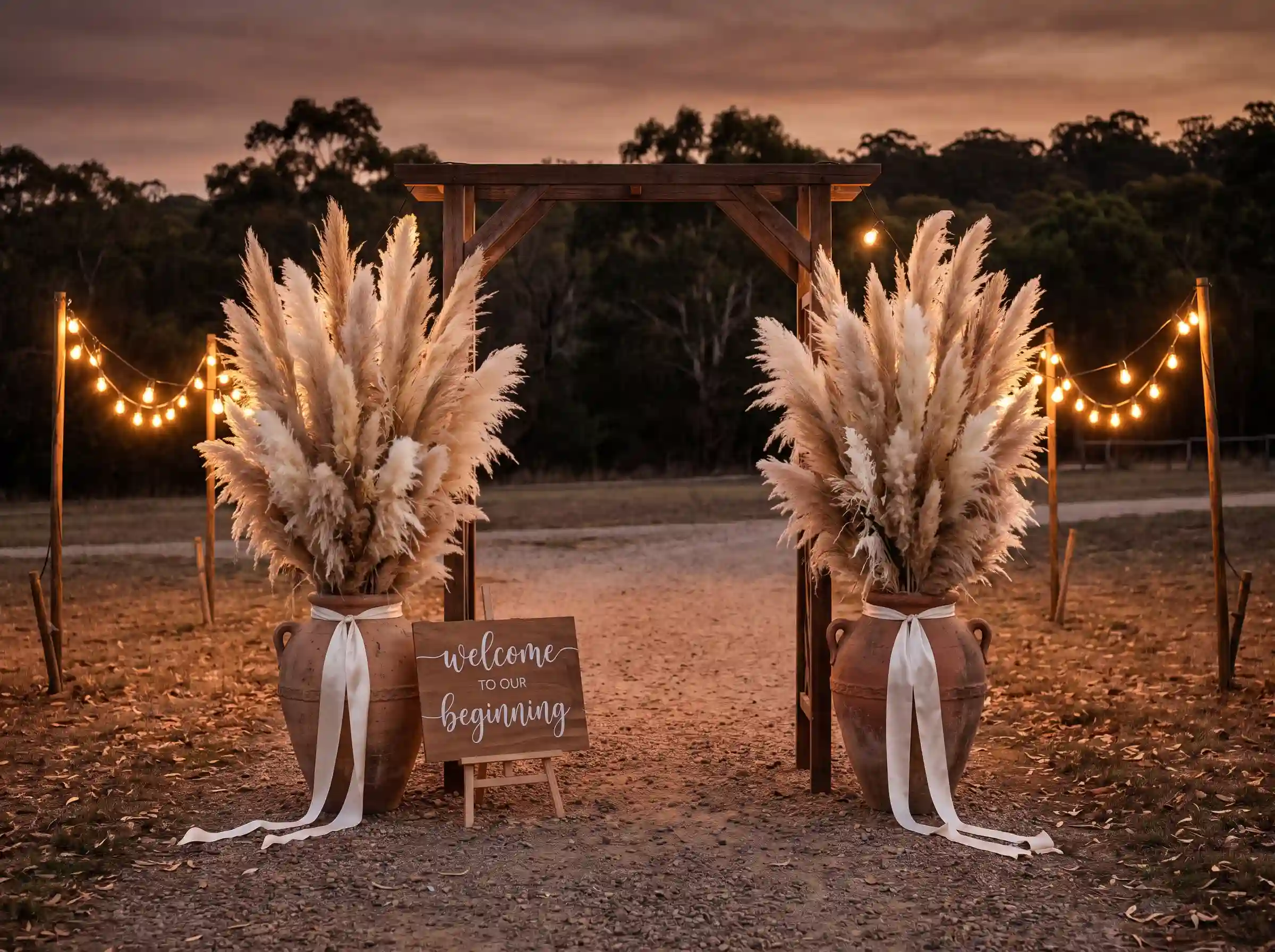 Two tall dried pampas grass arrangements in terracotta urns flanking welcome sign with Edison string lights