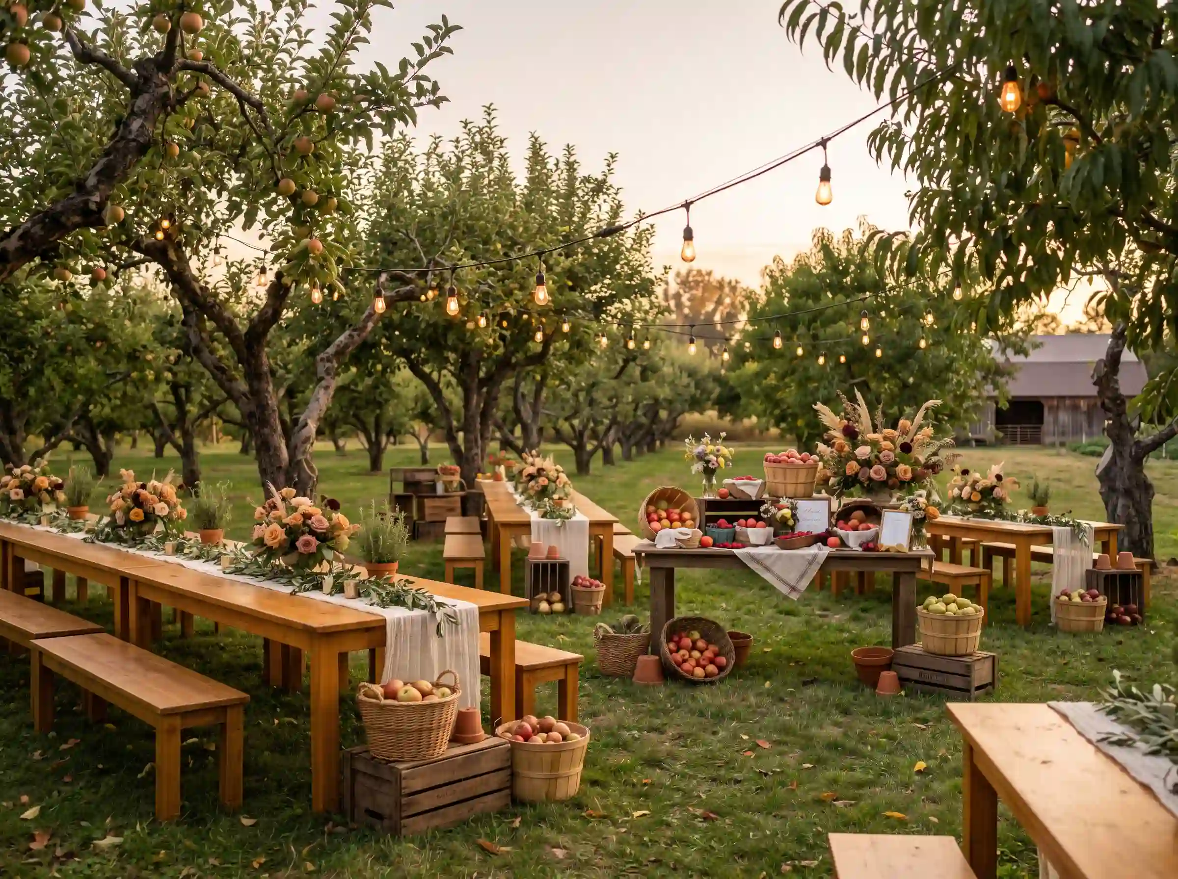 Rustic orchard reception with harvest tables, wooden benches, hanging Edison bulbs, and seasonal flowers