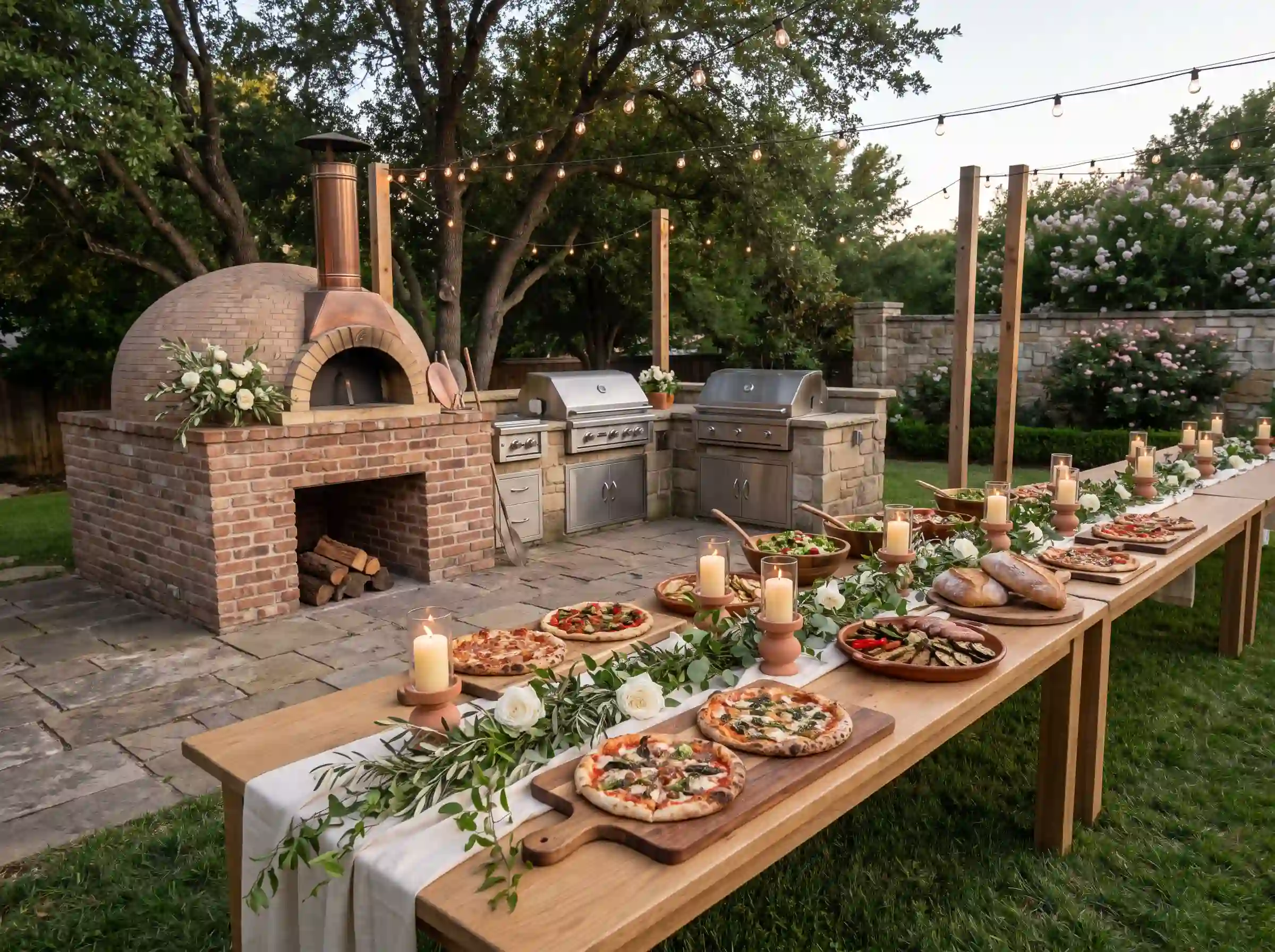 Italian rustic pizza and grill garden wedding party with wood-fired oven and olive branches