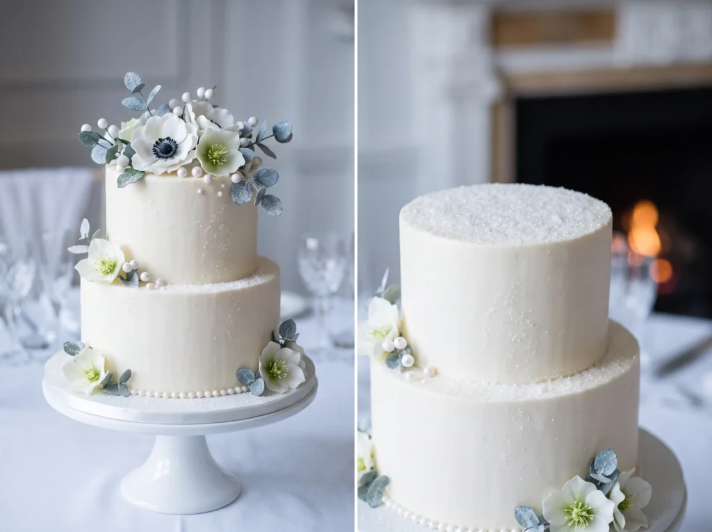 Snowfall Elegance Inspiration Building on the m Two tier wedding cake snowfall