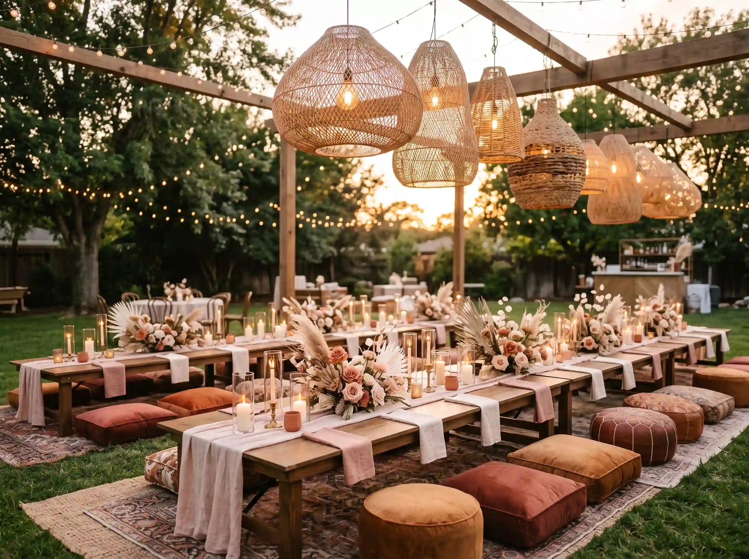 Sunset bohemian luxe wedding celebration with draped macramé and rich jewel-toned textiles at golden hour