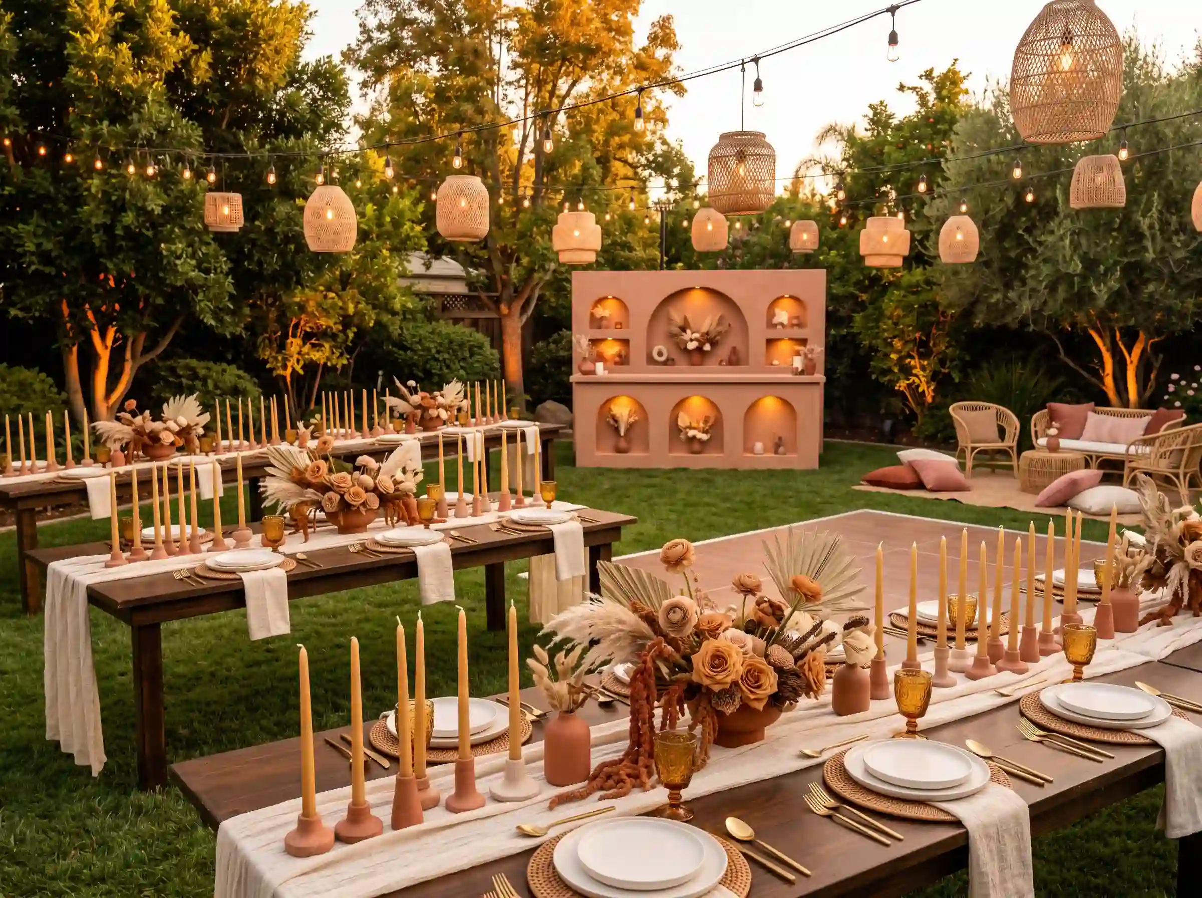 Warm terracotta sunset dinner reception with diagonal table layout clay vessels pampas grass and golden lanterns