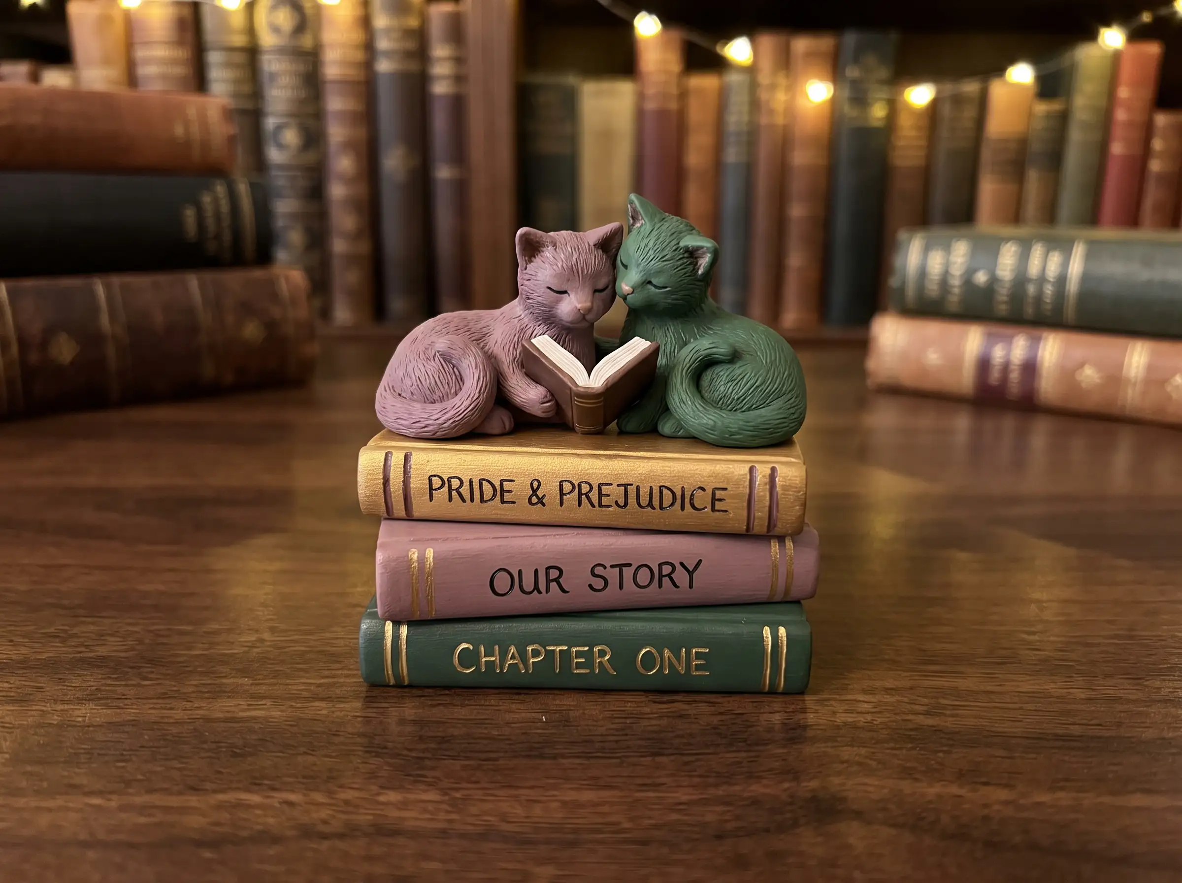 Hand-sculpted polymer clay cat cake topper with miniature books for literary weddings