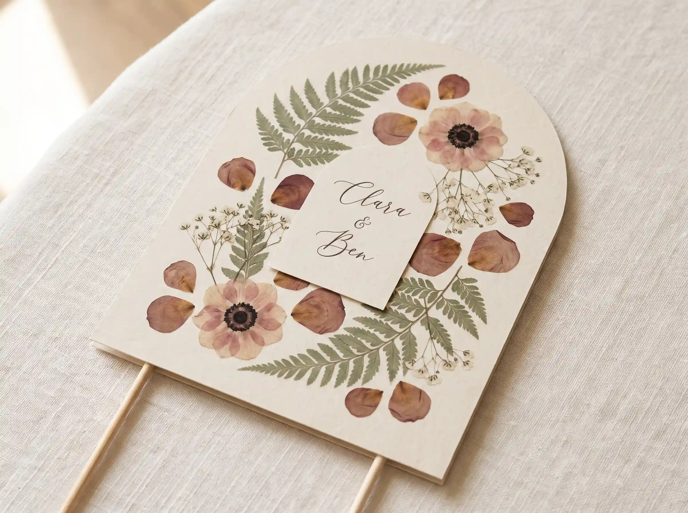 Botanical pressed flower arch topper with realistic dried anemones and ferns