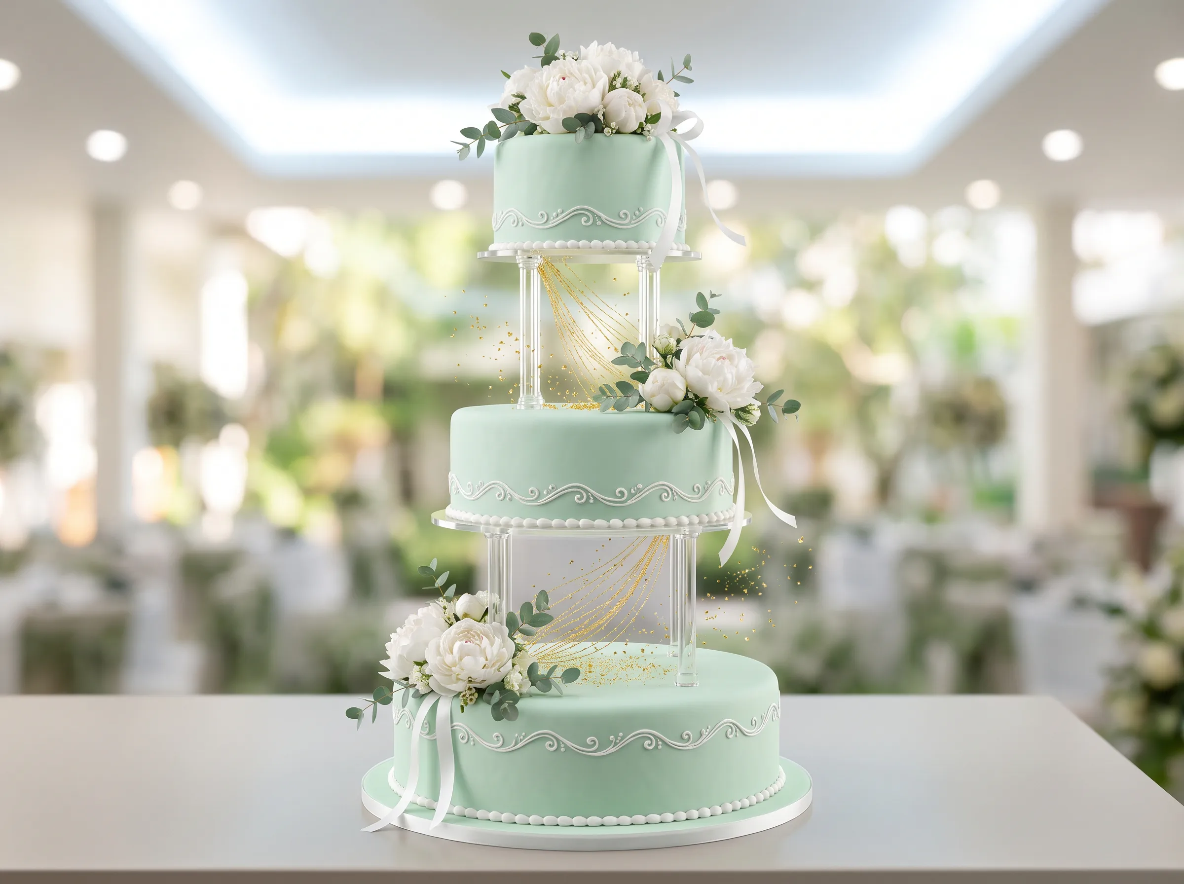 Mint fondant floating tier wedding cake with invisible acrylic columns and gold star dust