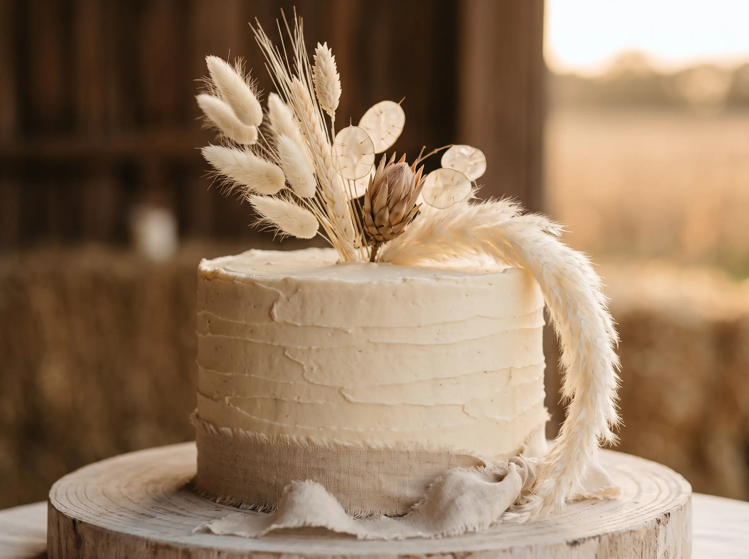Boho rustic wedding cake with dried pampas plumes bleached wheat and raw linen ribbon