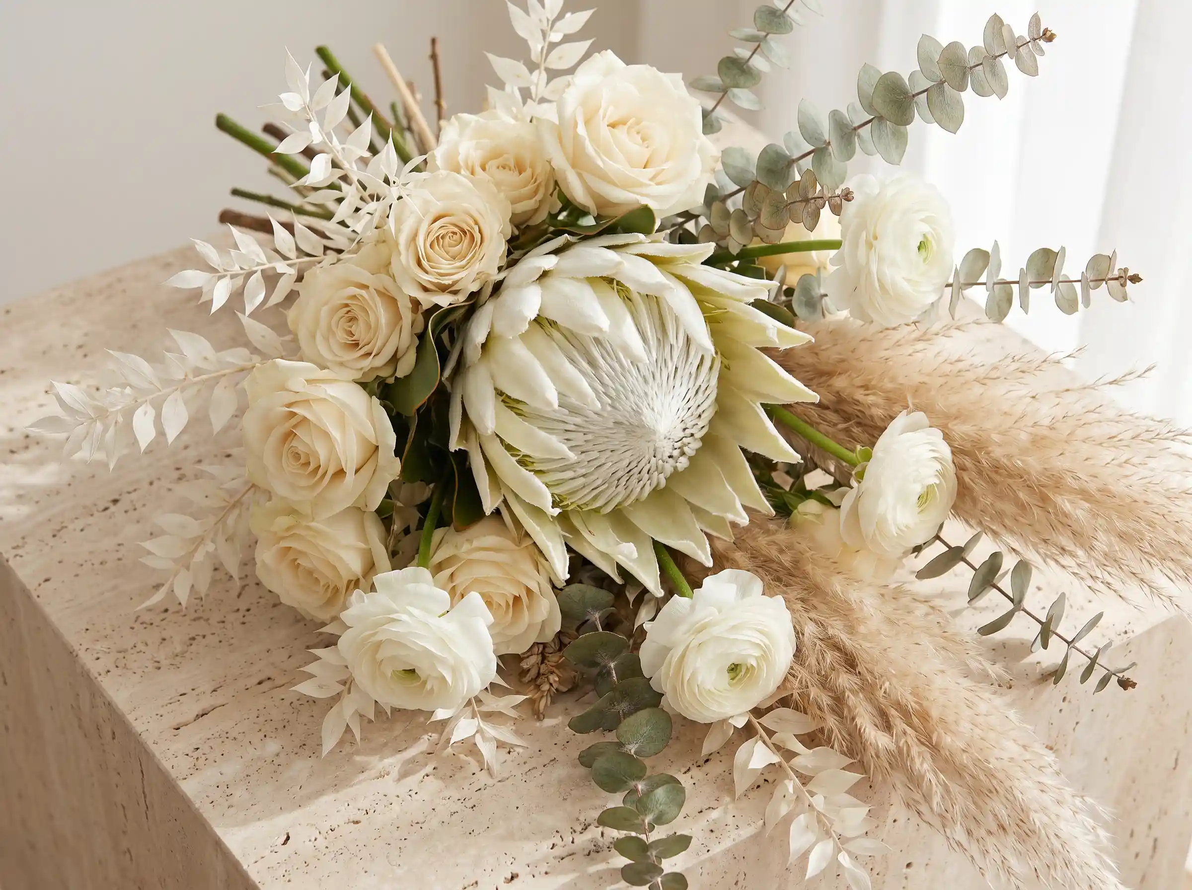 Striking white king protea wedding bouquet with ivory roses and pampas grass accents