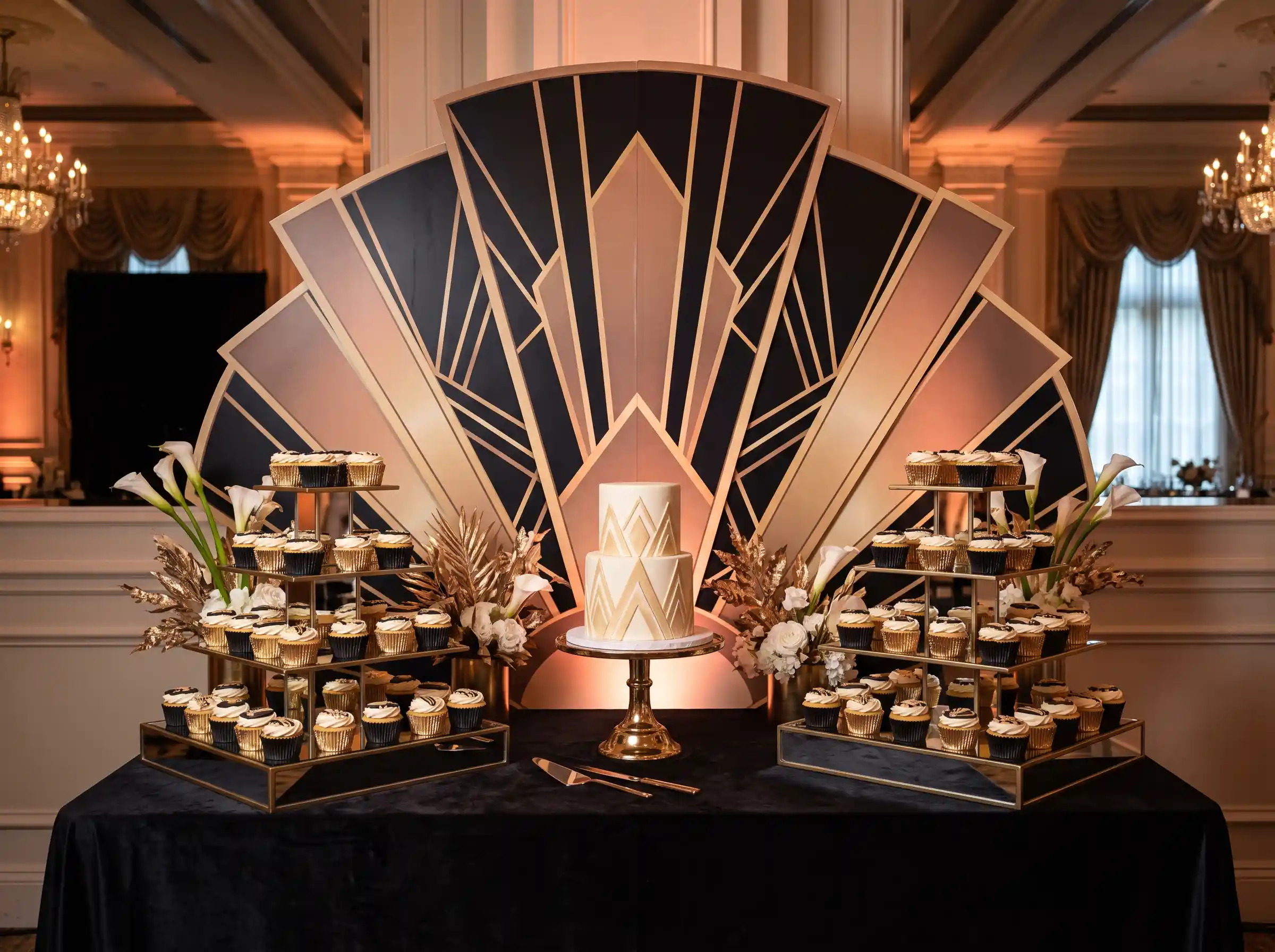 Art Deco champagne luxe dessert station with geometric gold patterns small cake and glamorous cupcakes
