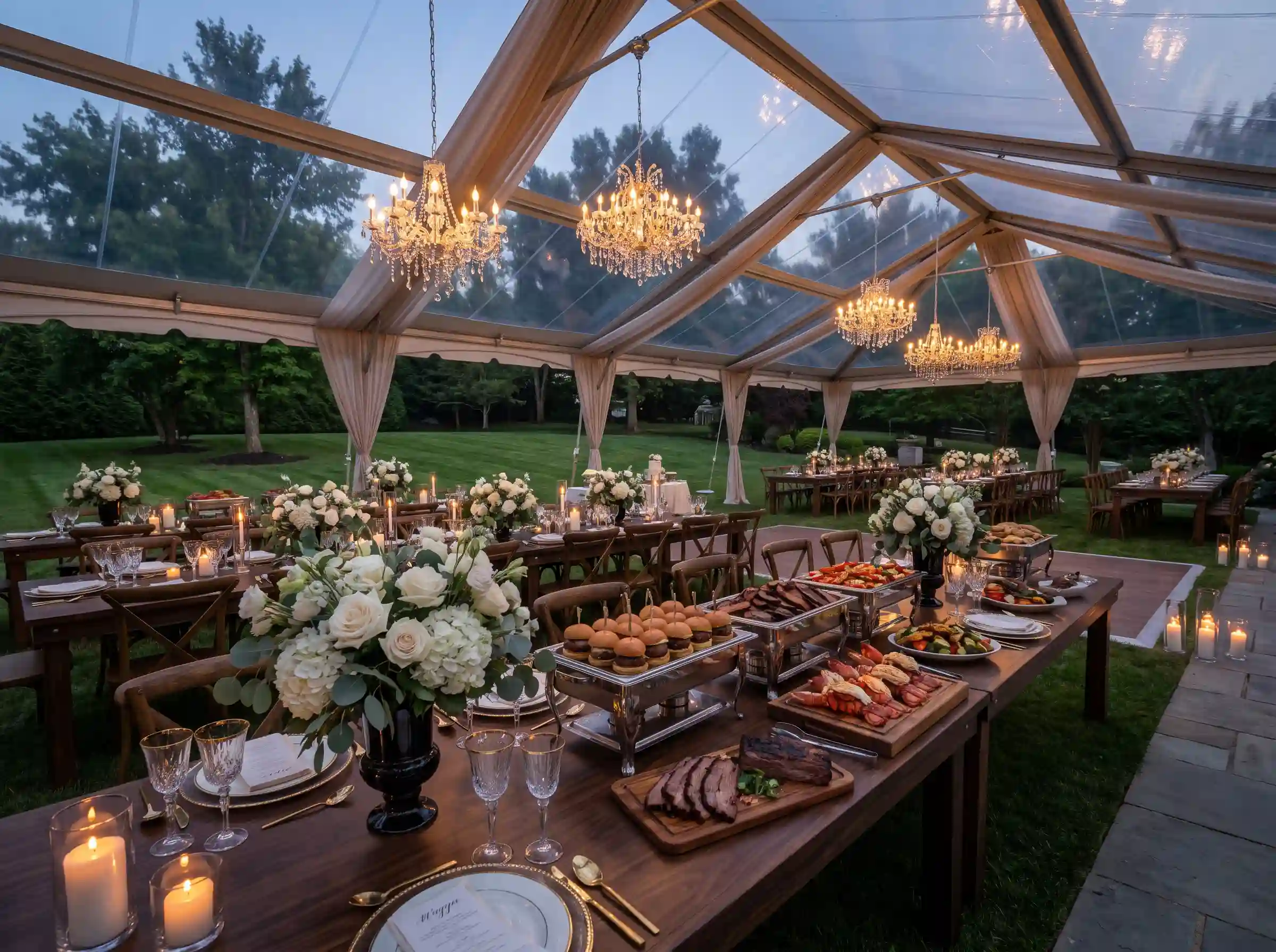 Black tie backyard BBQ wedding with crystal stemware and premium wagyu burgers under chandelier
