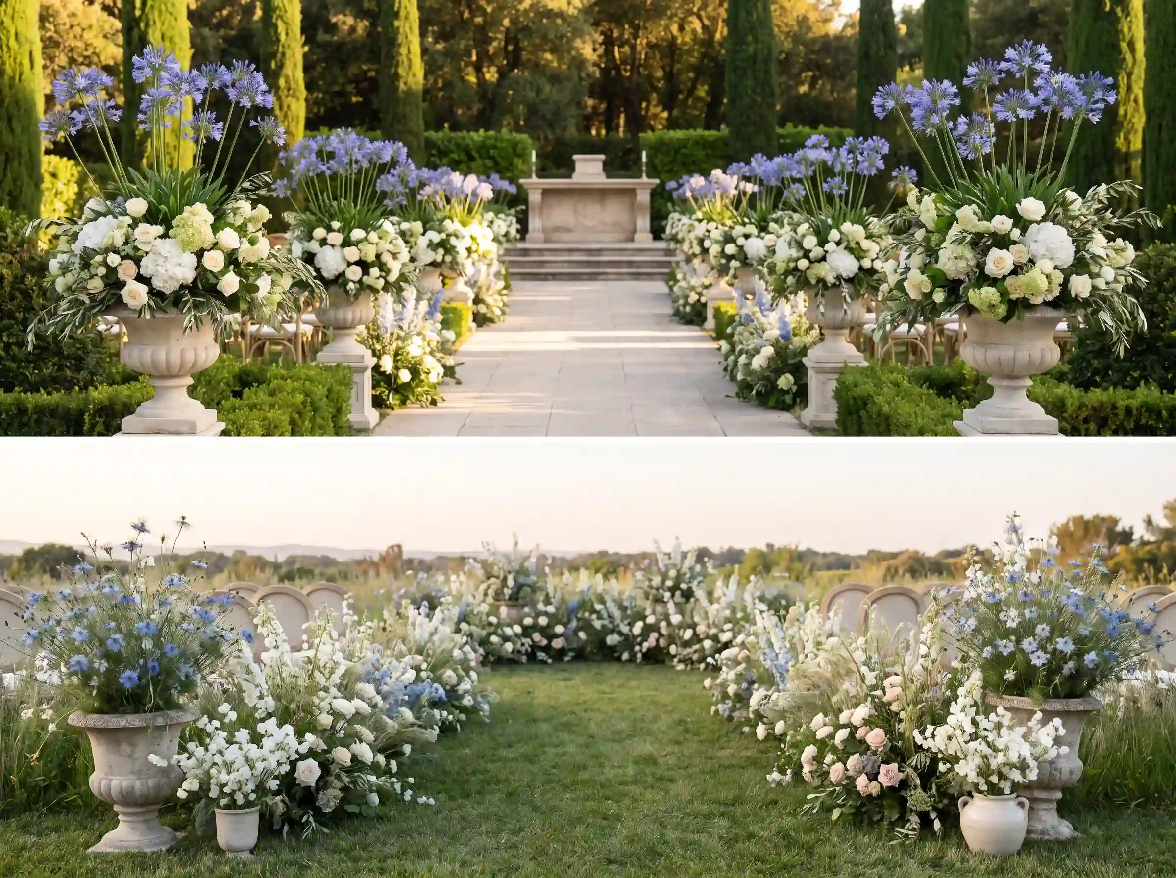 Tall periwinkle blue agapanthus in classical stone urns creating a grand European palace garden wedding ceremony