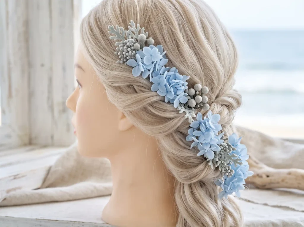 Blue Hydrangea Accent Inspiration Coastal roman Blue hydrangea bridal hairstyle K